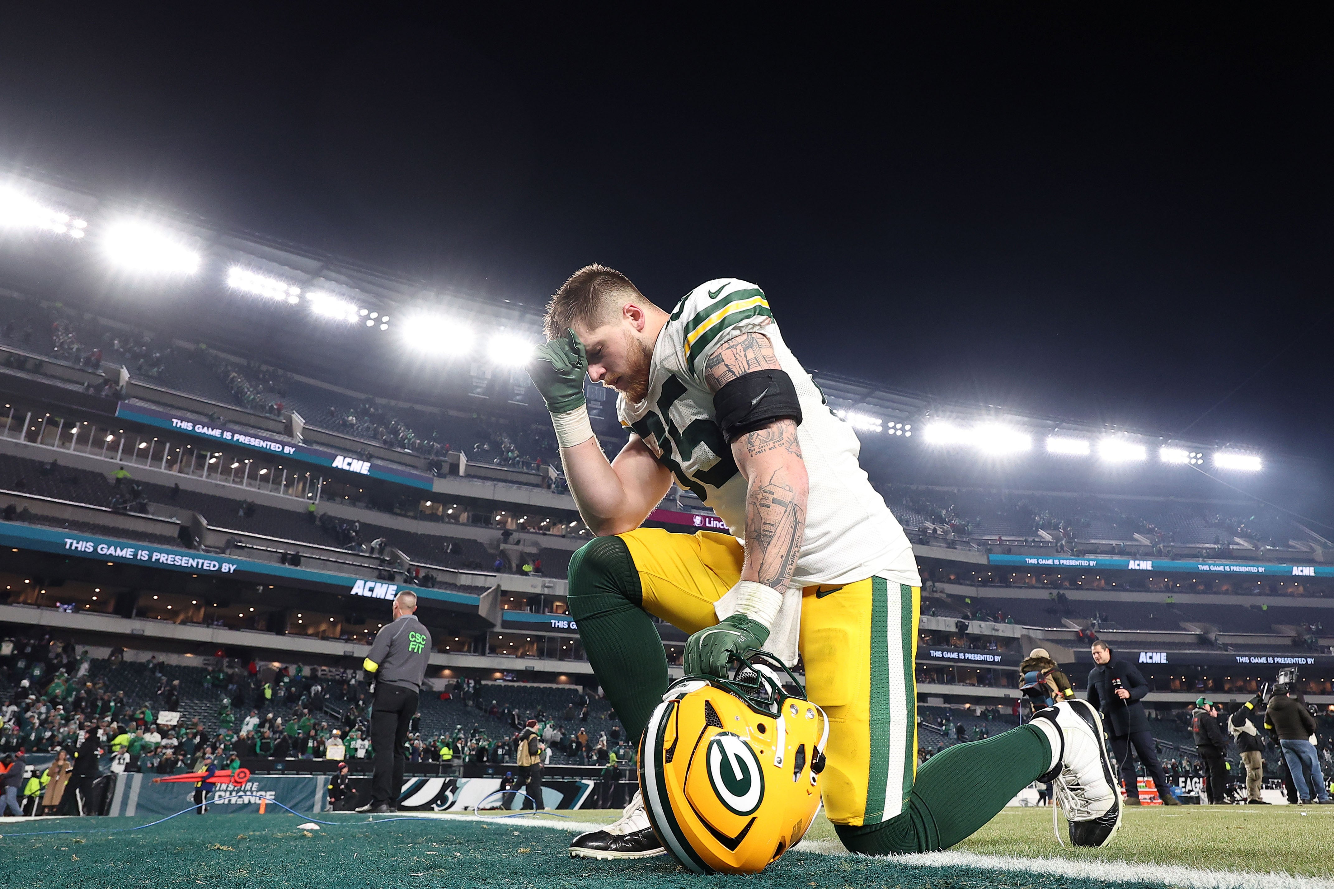 Green Bay Packers tight end Tucker Kraft (85) reacts after the game against the Philadelphia Eagles in an NFC wild card game at Lincoln Financial Field.