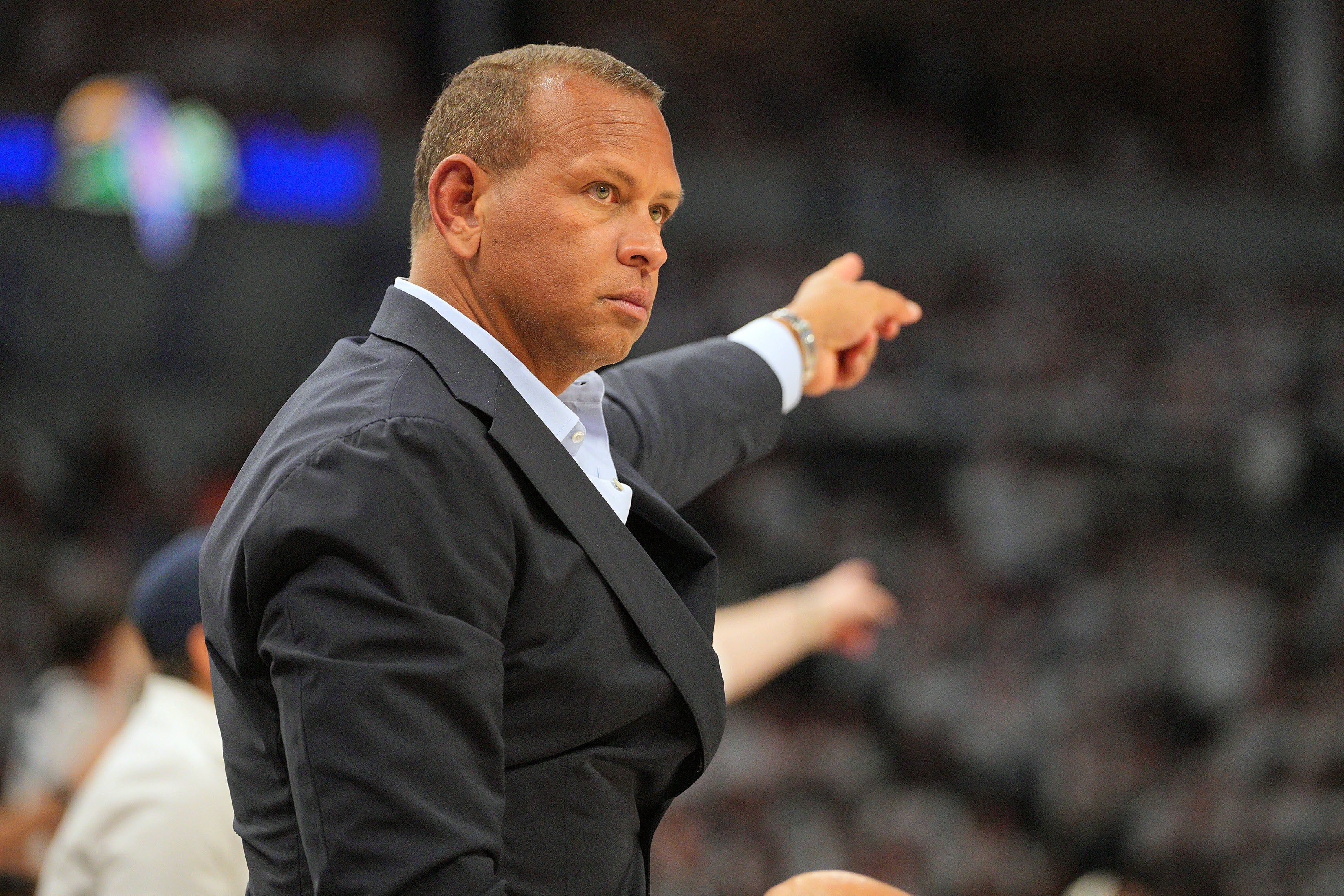 May 24, 2025; Minneapolis, Minnesota, USA; Minnesota Timberwolves co-owner Alex Rodriguez reacts against the Oklahoma City Thunder during the first half in game three of the western conference finals for the 2025 NBA Playoffs at Target Center.