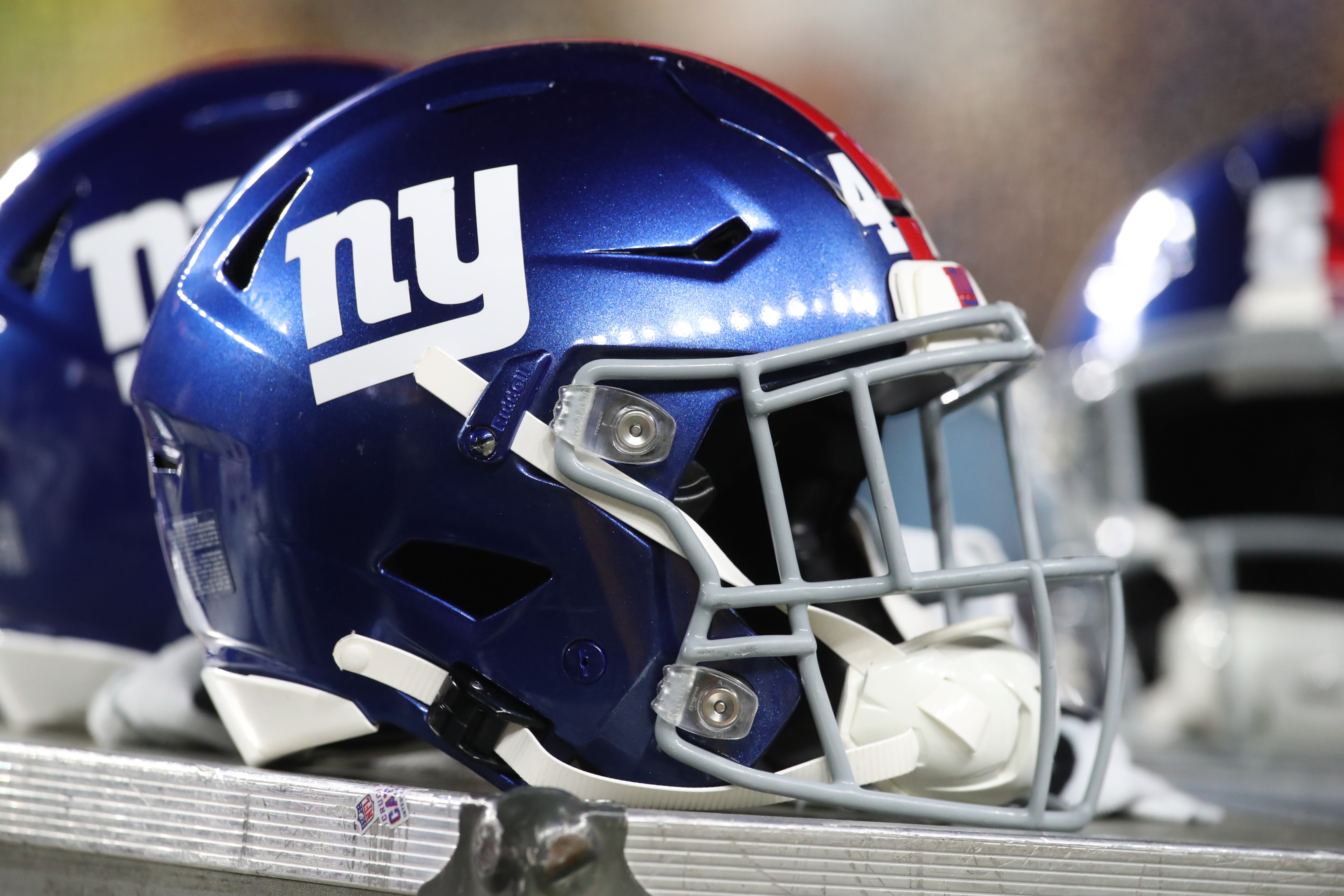 Oct 28, 2024; Pittsburgh, Pennsylvania, USA; New York Giants helmets on the sidelines against the Pittsburgh Steelers during the third quarter at Acrisure Stadium.
