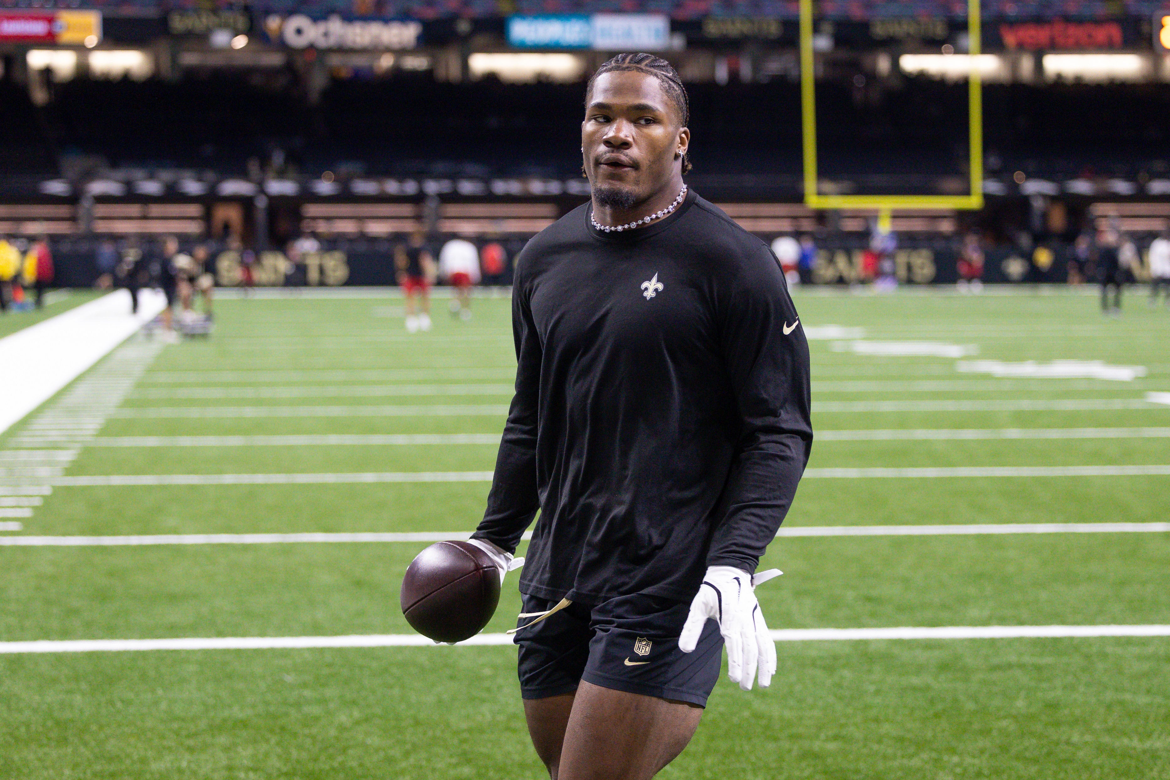 Oct 13, 2024; New Orleans, Louisiana, USA; New Orleans Saints linebacker Anfernee Orji (58) during warmups before the game against the Tampa Bay Buccaneers at Caesars Superdome. Mandatory Credit: Stephen Lew-Imagn Images
