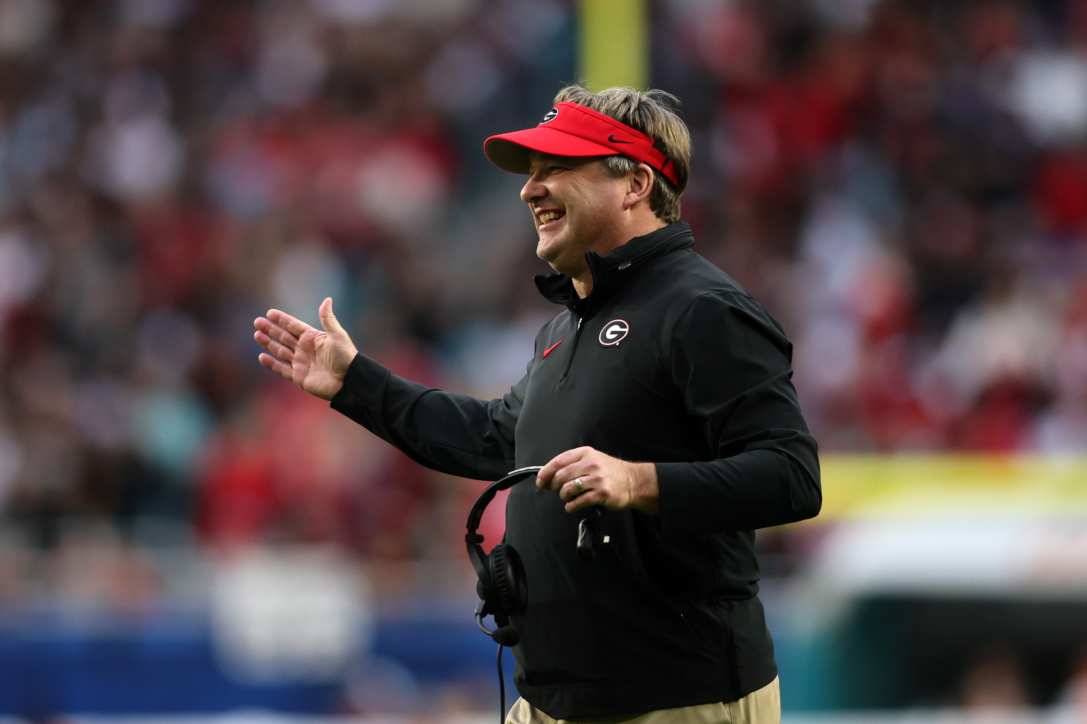 Georgia Bulldogs head coach Kirby Smart reacts during the first half in the 2023 Orange Bowl against the Florida State Seminoles at Hard Rock Stadium.