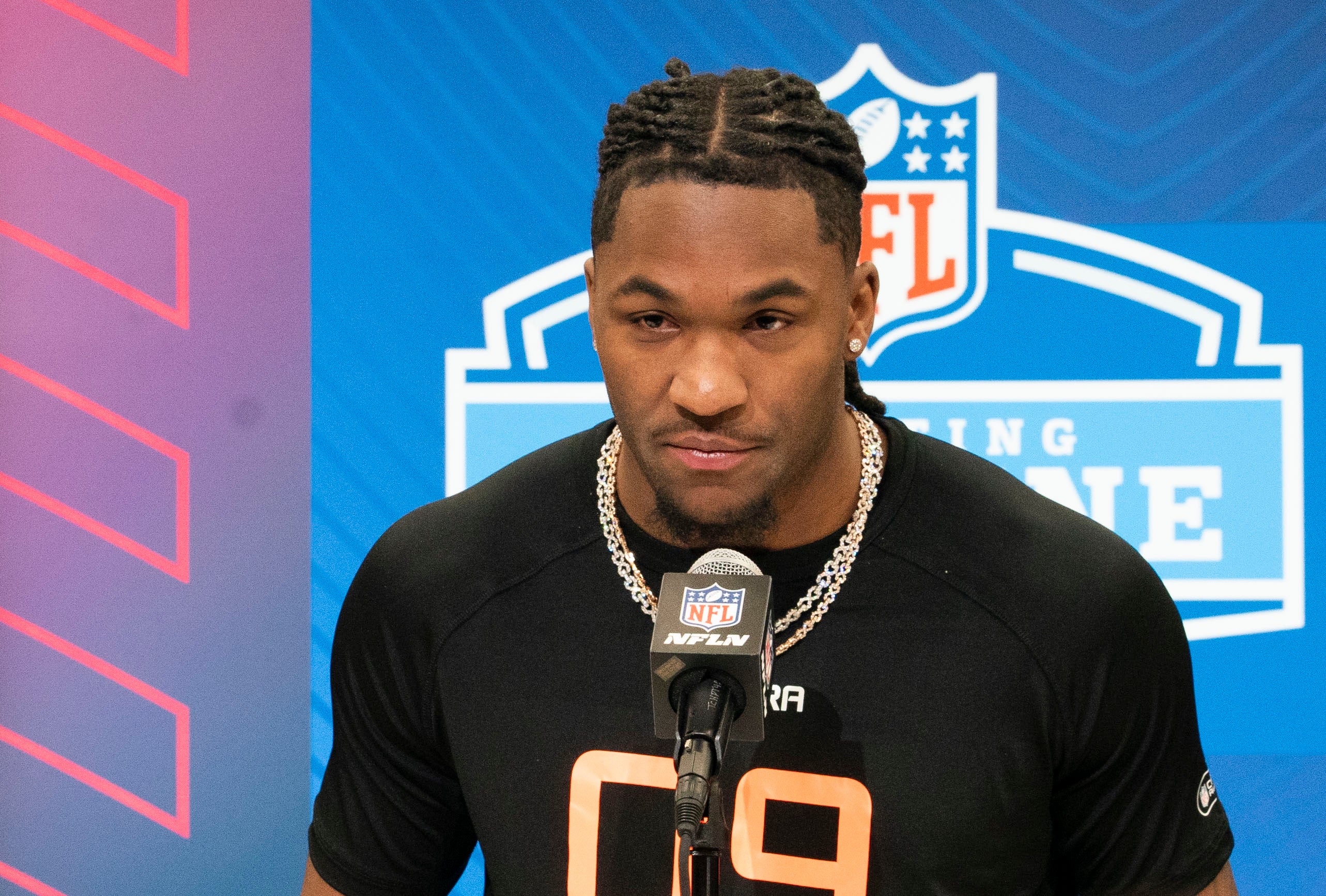 Feb 28, 2025; Indianapolis, IN, USA; Missouri wideout Luther Burden III (WO09) answers questions at a press conference during the 2025 NFL Combine at Indiana Convention Center.