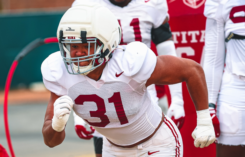 Alabama defensive lineman Keon Keeley goes through spring practice for the Crimson Tide. Photo credit: Alabama Athletics