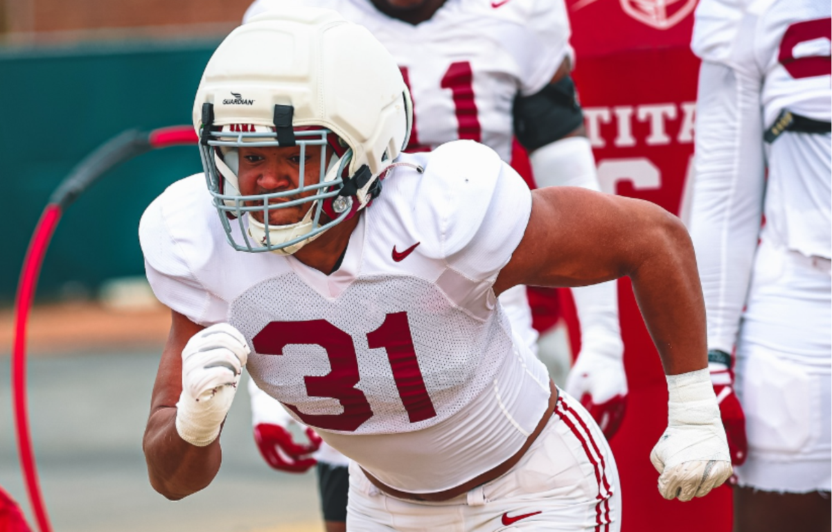 Alabama defensive lineman Keon Keeley goes through spring practice for the Crimson Tide. Photo credit: Alabama Athletics