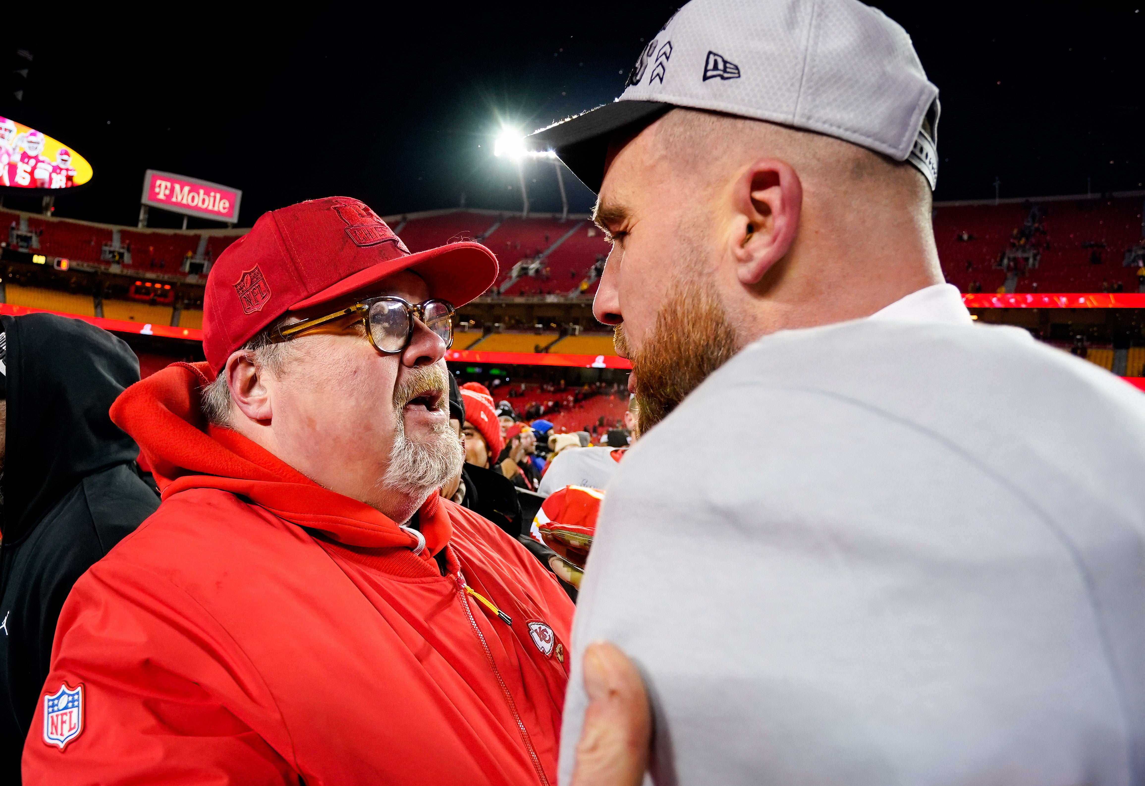 Jan 29, 2023; Kansas City, Missouri, USA; Television actor Eric Stonestreet celebrates with Kansas City Chiefs tight end Travis Kelce (87) after defeating the Cincinnati Bengals in the AFC Championship game at GEHA Field at Arrowhead Stadium.
