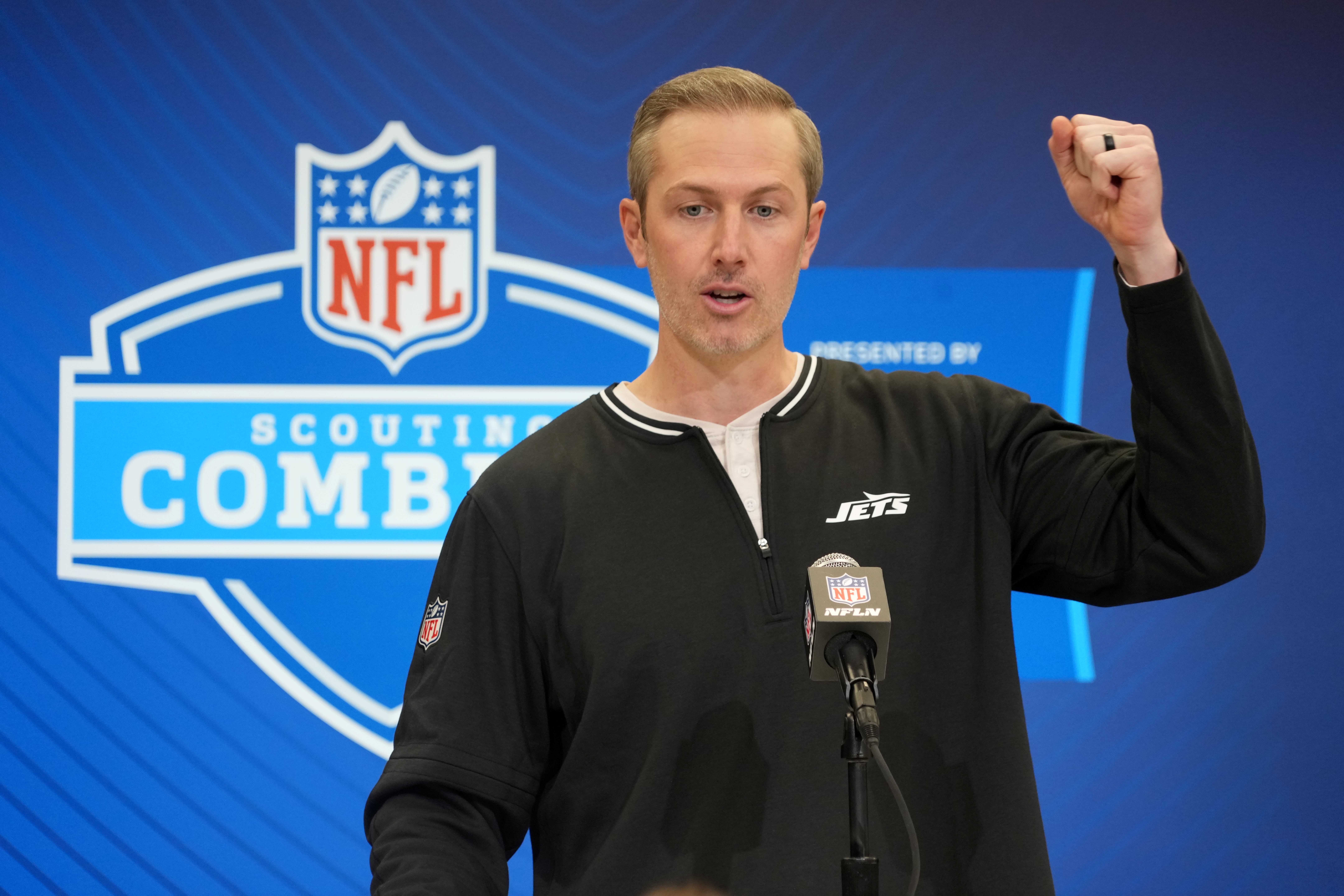 ew York Jets general manager Darren Mougey speaks during the NFL Scouting Combine at the Indiana Convention Center.