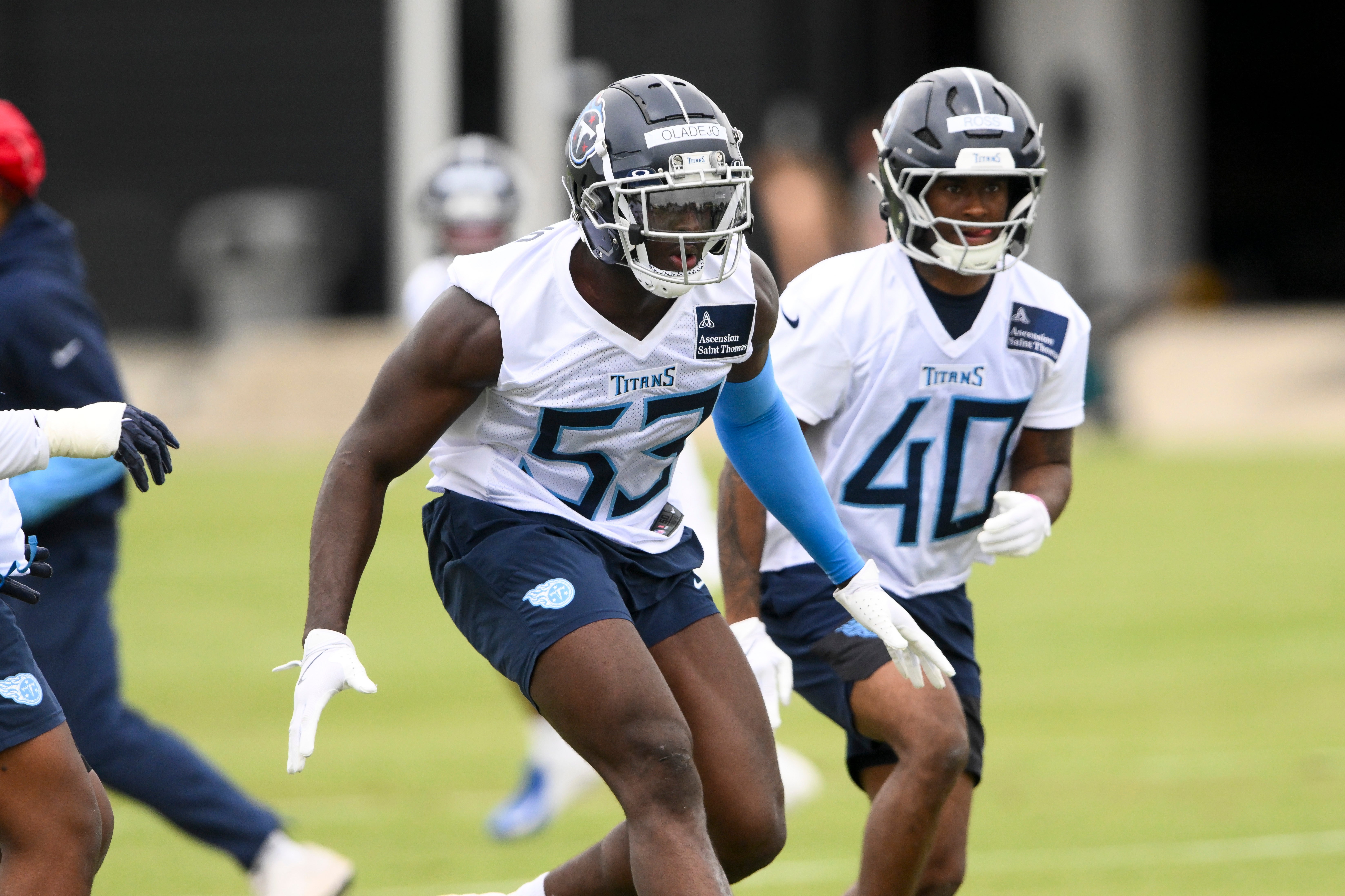 May 10, 2025; Nashville, TN, USA; Tennessee Titans outside linebacker Oluwafemi Oladejo (53) goes through drills during Rookie Mini Camp at Saint Thomas Sports Park. Mandatory Credit: Steve Roberts-Imagn Images