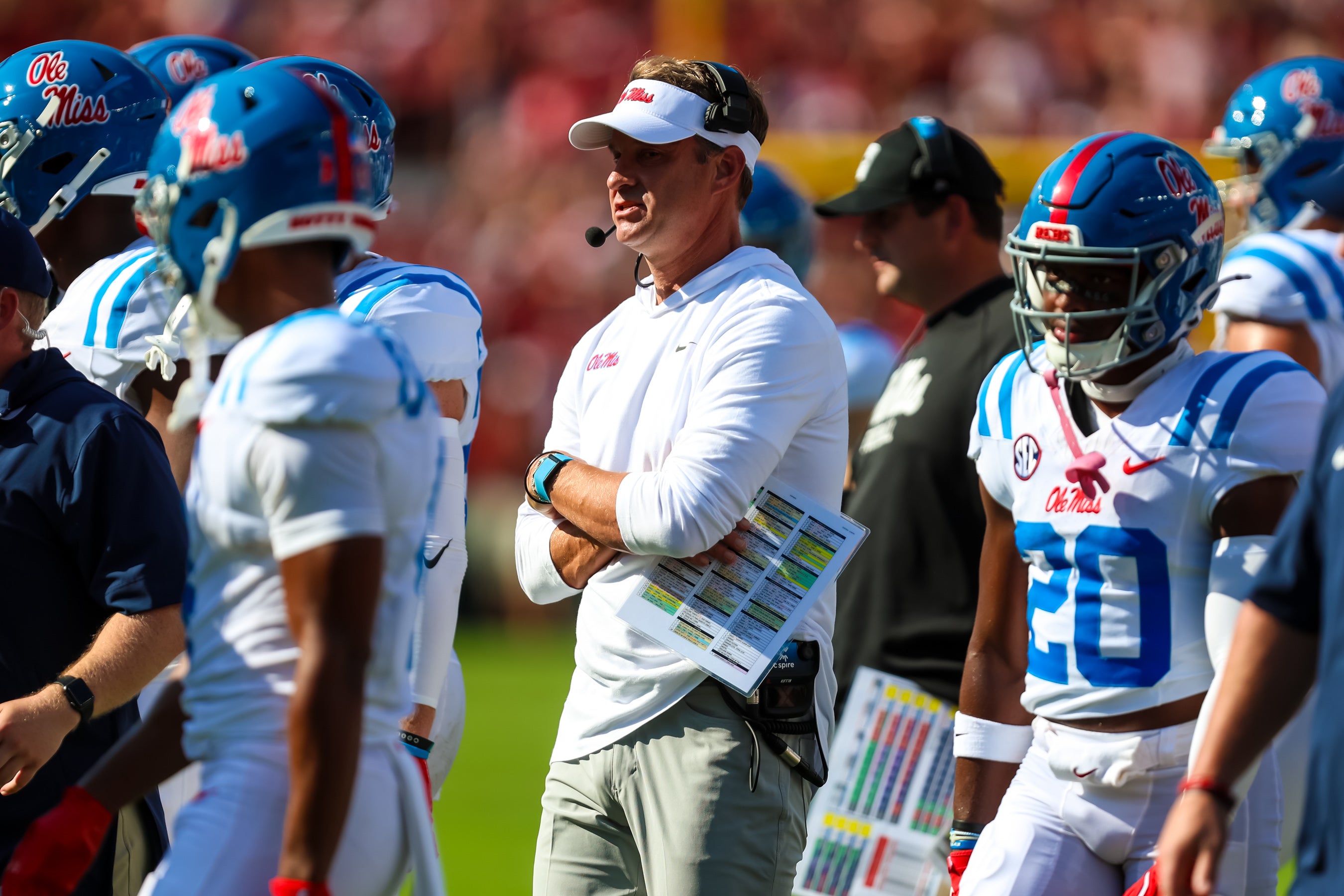 Oct 5, 2024; Columbia, South Carolina, USA; Mississippi Rebels head coach Lane Kiffin directs his team against the South Carolina Gamecocks in the first quarter at Williams-Brice Stadium.