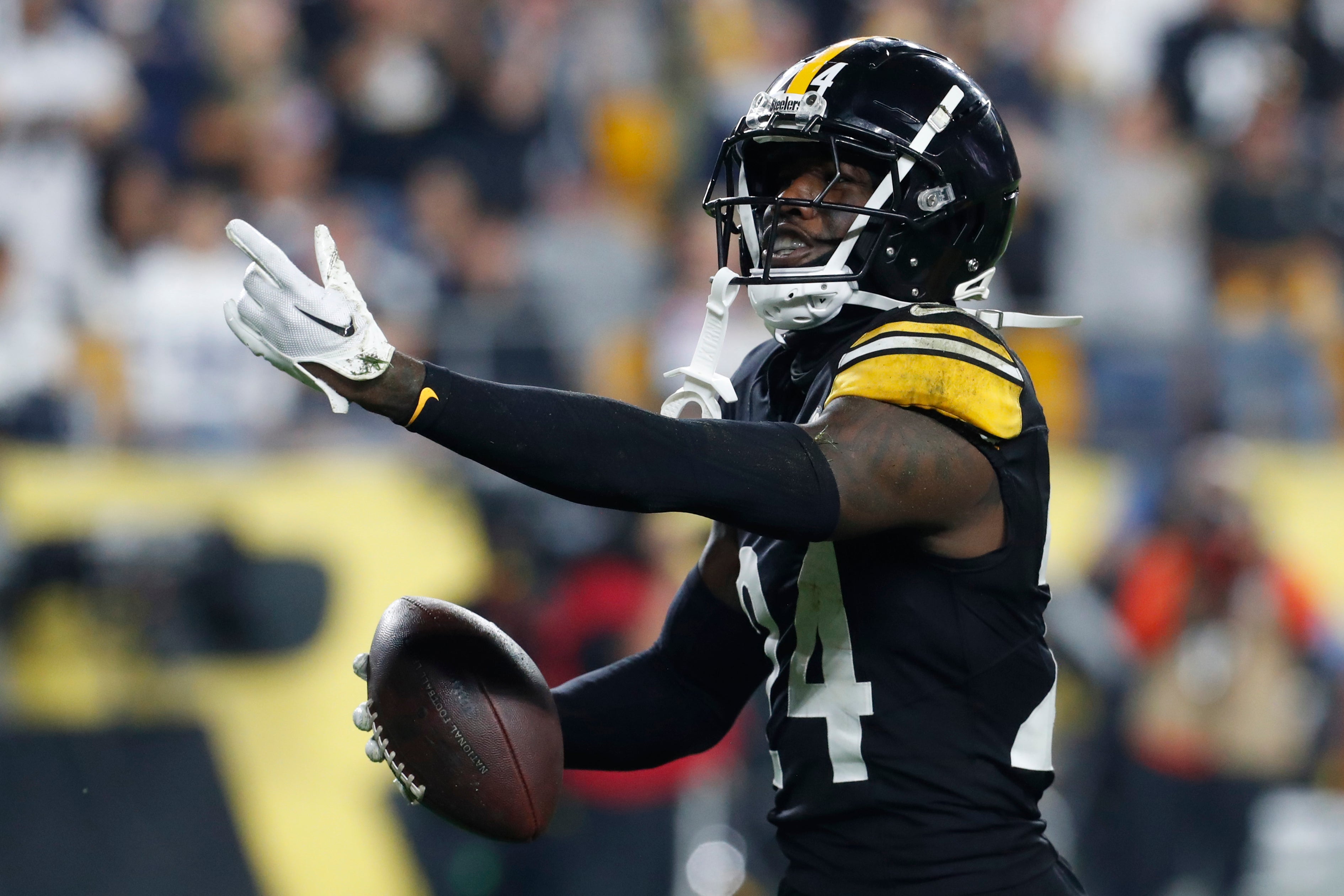 Oct 6, 2024; Pittsburgh, Pennsylvania, USA; Pittsburgh Steelers cornerback Joey Porter Jr. (24) reacts after an interception against the Dallas Cowboys during the fourth quarter at Acrisure Stadium. Dallas won 20-17.