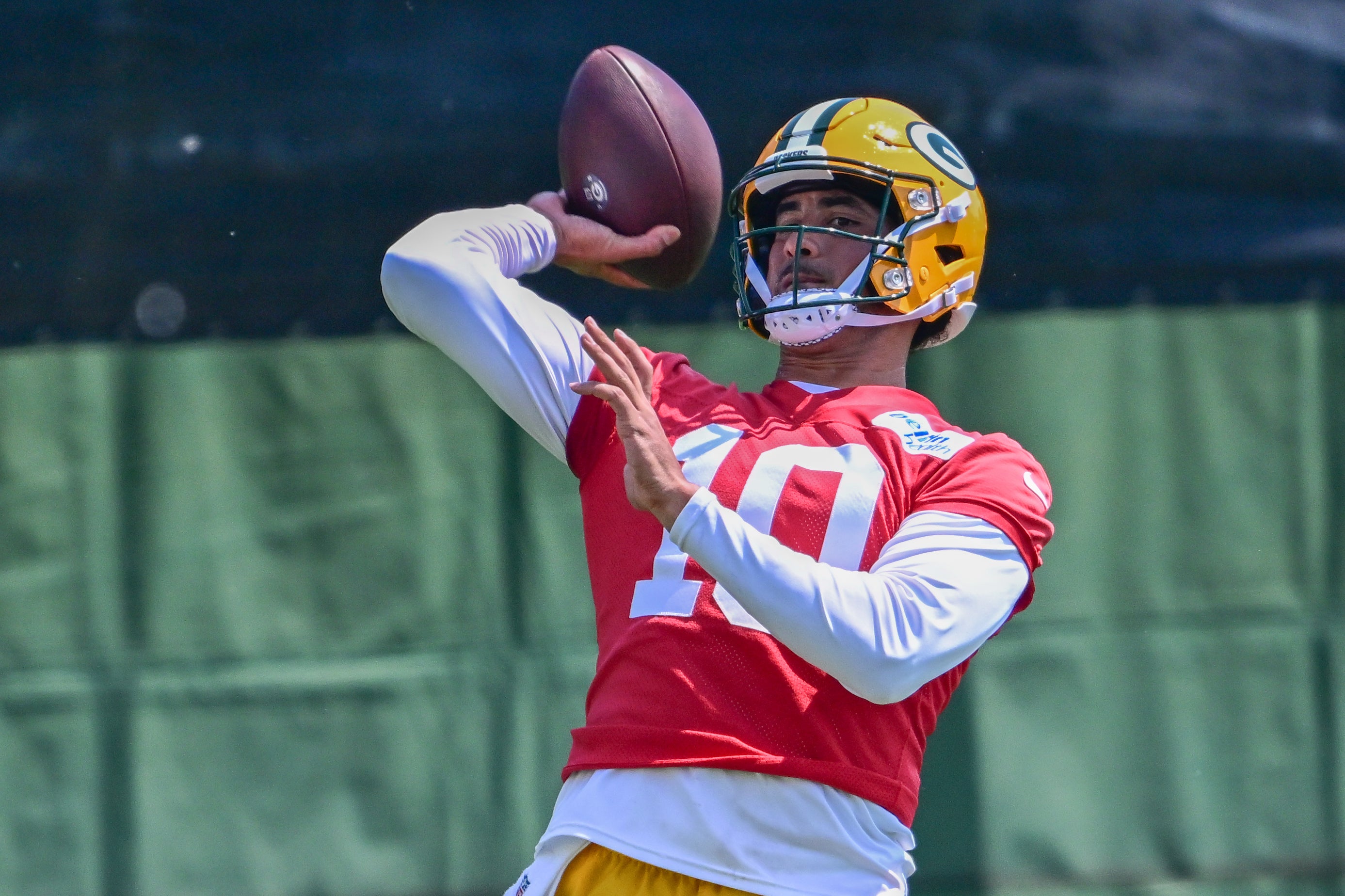 Green Bay Packers quarterback Jordan Love (10) participates in the team's minicamp at Ray Nitschke Field.