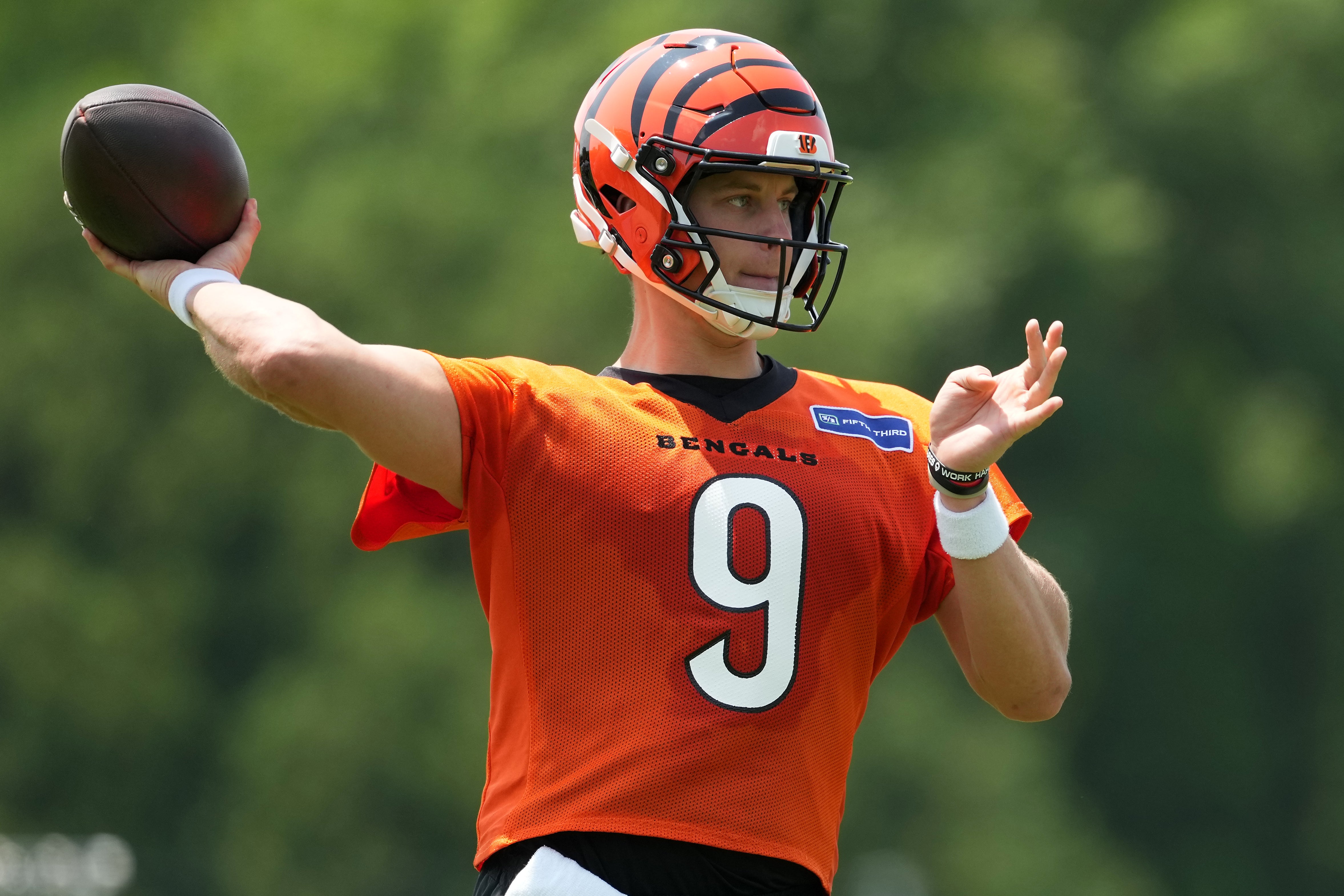 Jun 10, 2025; Cincinnati, OH, USA; Cincinnati Bengals quarterback Joe Burrow (9) during practice at Paycor Stadium.