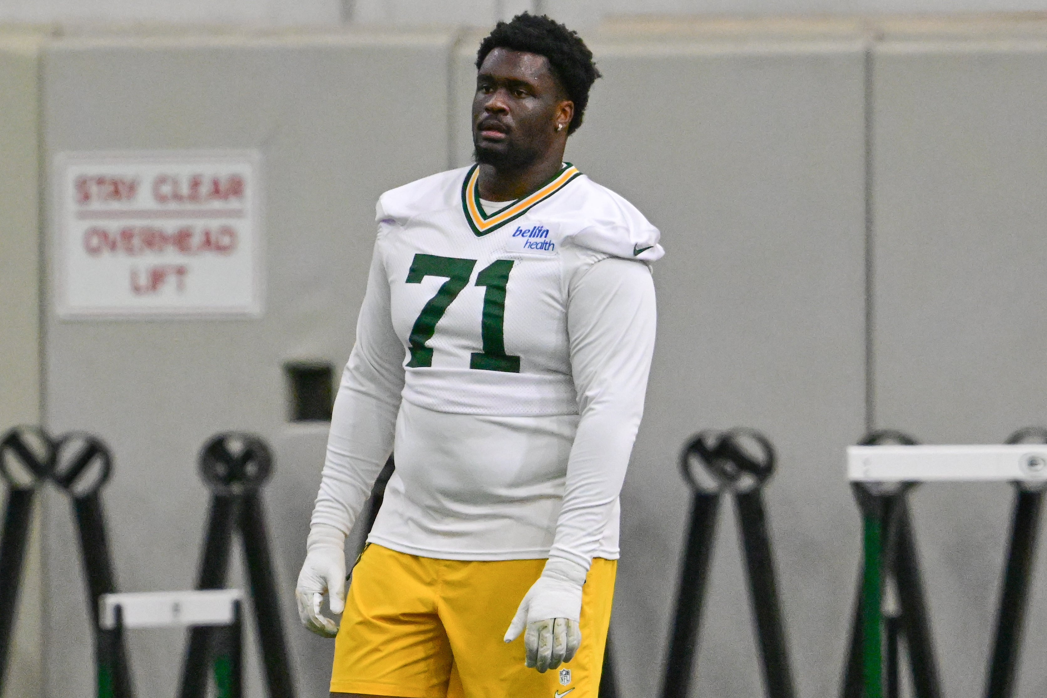 Green Bay Packers offensive tackle Anthony Belton (71) participates in the team's minicamp at Ray Nitschke Field.