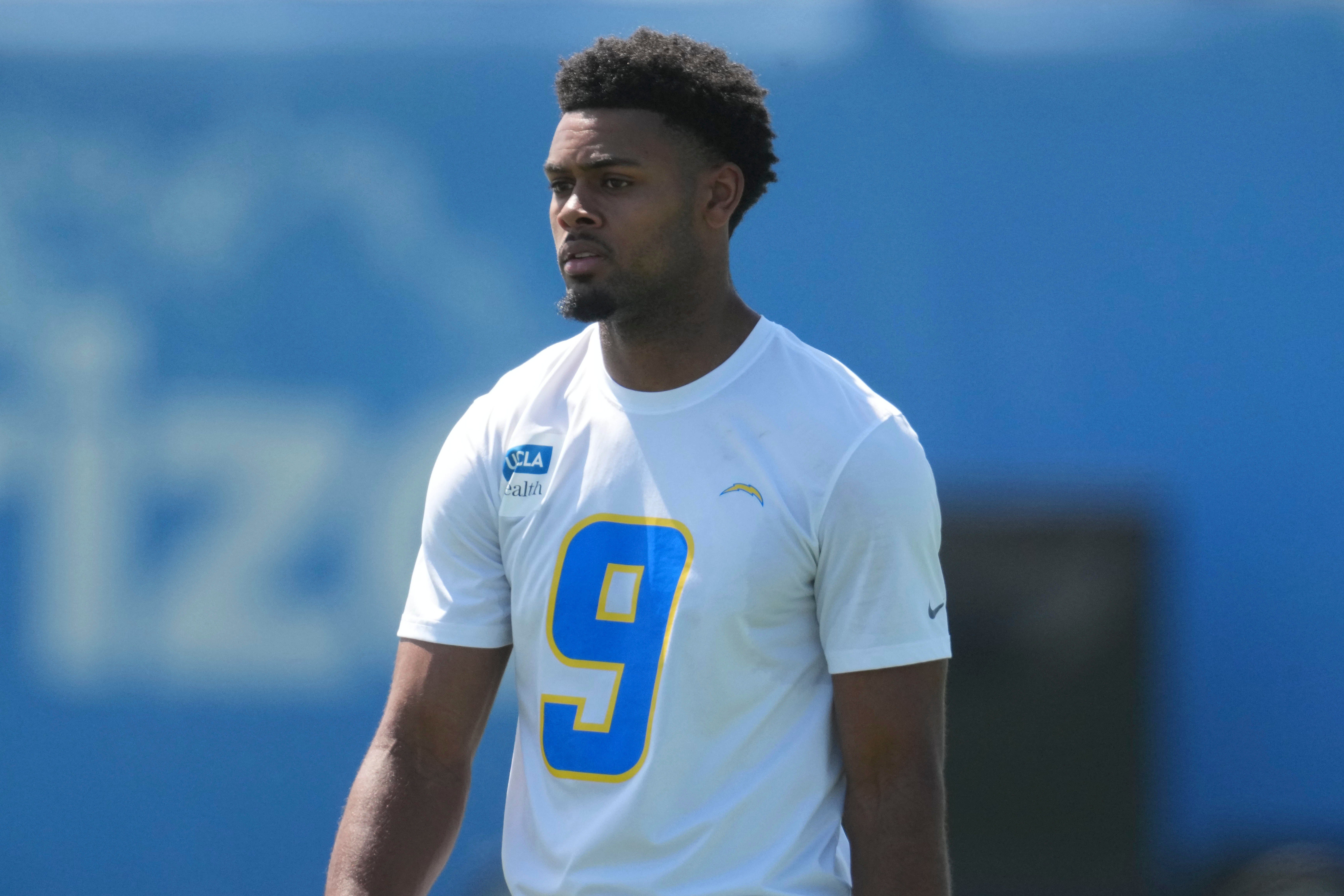 May 20, 2025; El Segundo, CA, USA; Los Angeles Chargers receiver Tre Harris (9) looks on during offseason workouts at The Bolt.