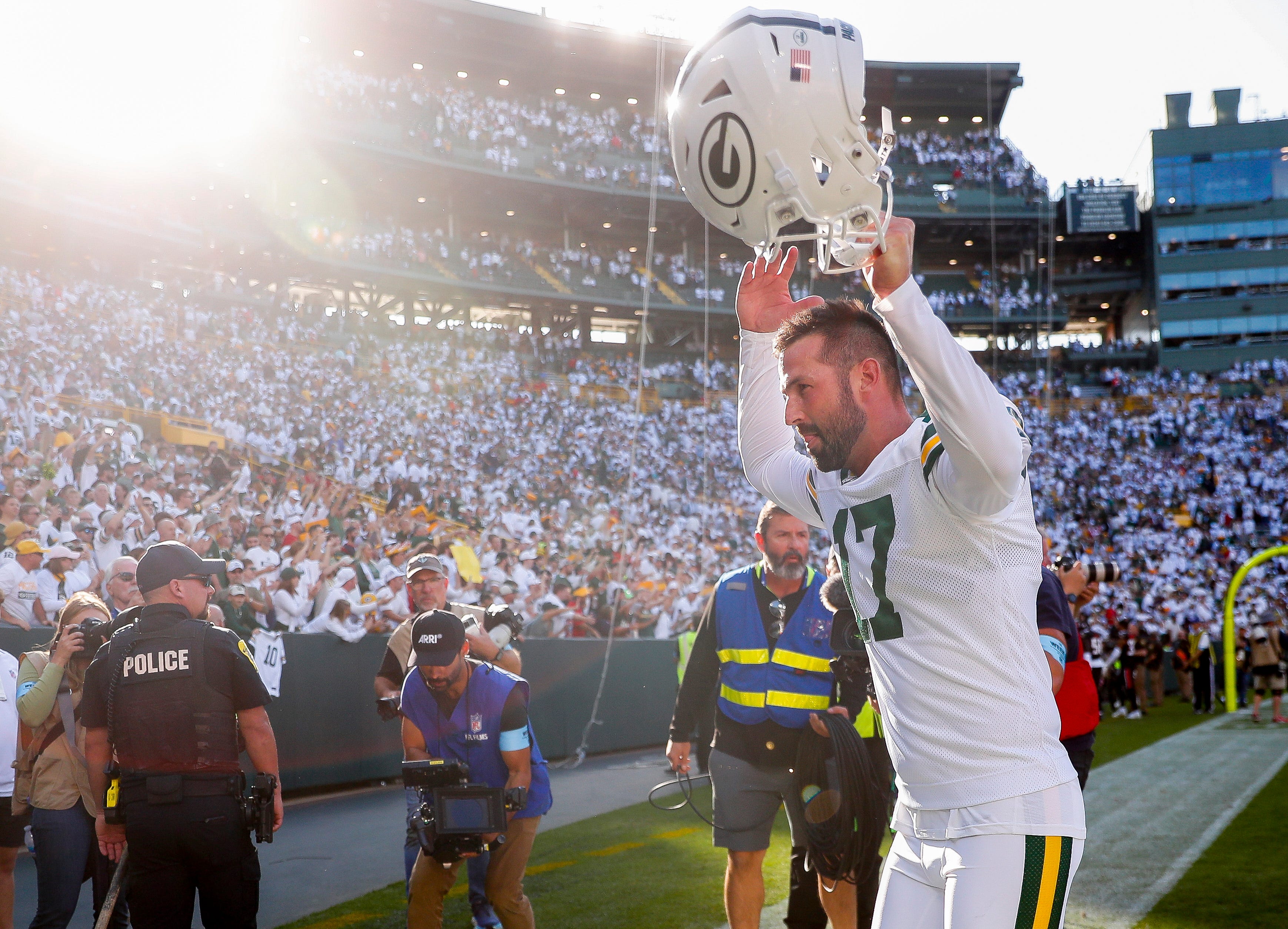 Green Bay Packers place kicker Brandon McManus (17) celebrates as he runs off the field after defeating the Houston Texans on Sunday, October 20, 2024, at Lambeau Field in Green Bay, Wis. McManus kicked a 45-yard field goal as time expired to give the Packers a 24-22 victory.