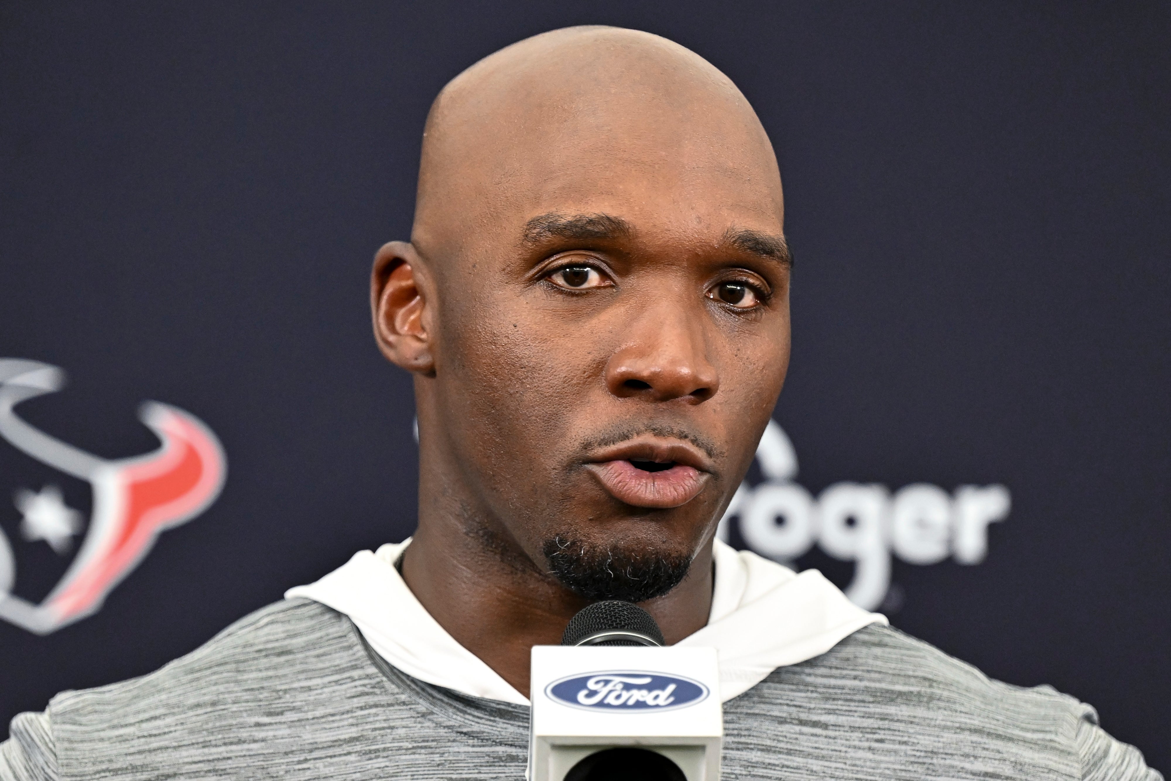 Jun 10, 2025; Houston, TX, USA; Houston Texans head coach DeMeco Ryans speaks during a press conference after an NFL football minicamp at NRG Stadium.