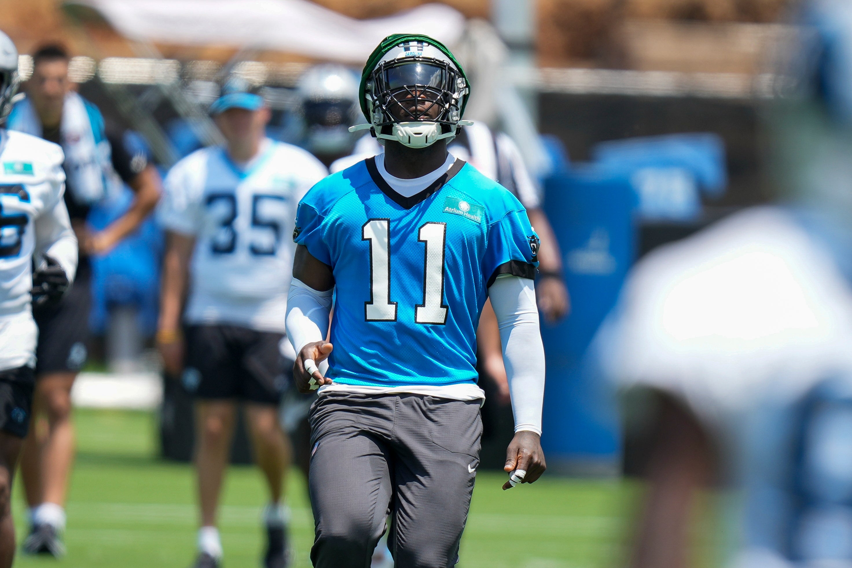 Jun 11, 2025; Charlotte, NC, USA; Carolina Panthers linebacker Nic Scourton (11) during minicamp at Bank of America Stadium.