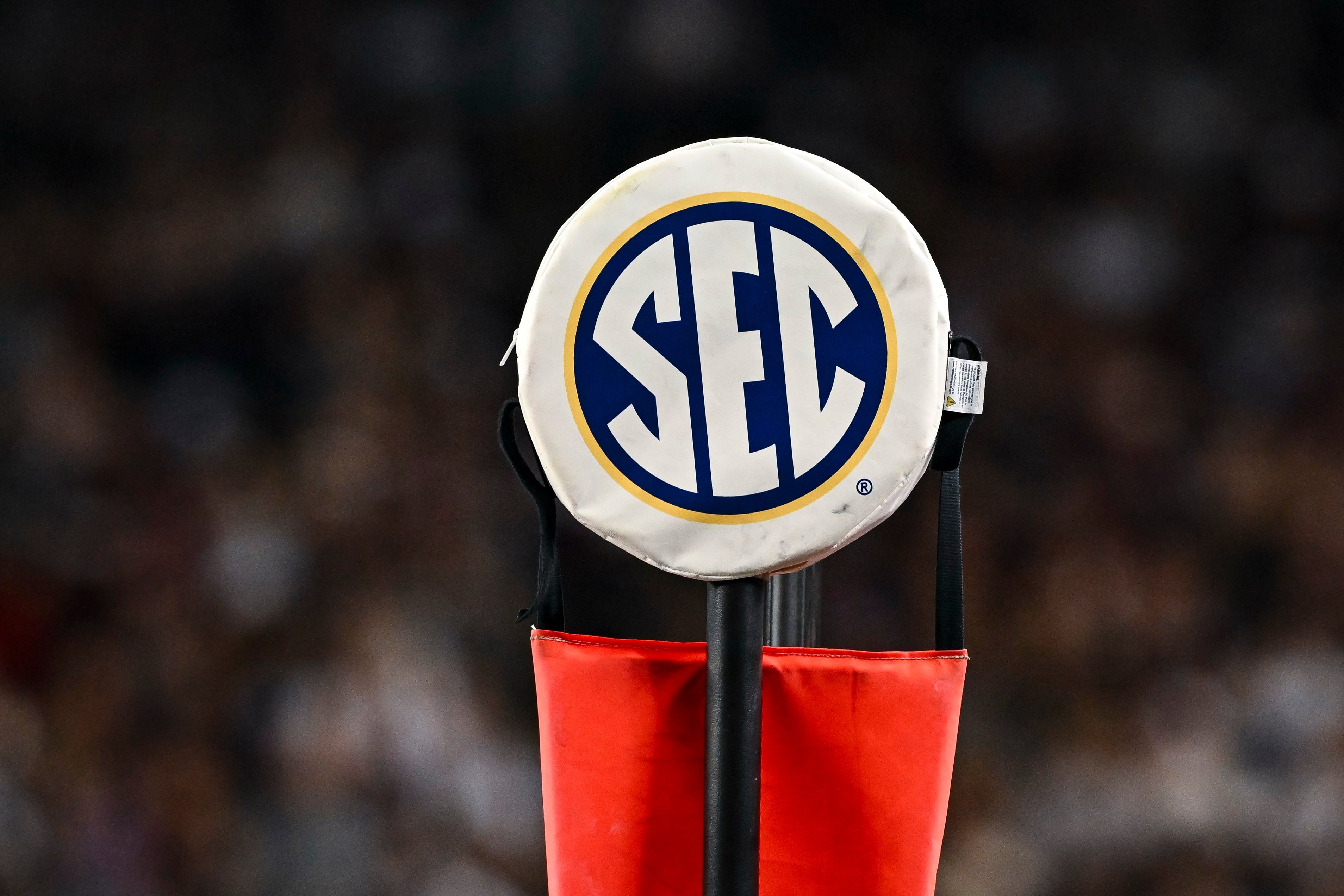 Nov 16, 2024; College Station, Texas, USA; A detail view of the SEC logo on a chain marker during the game between the Texas A&M Aggies and the New Mexico State Aggies at Kyle Field.