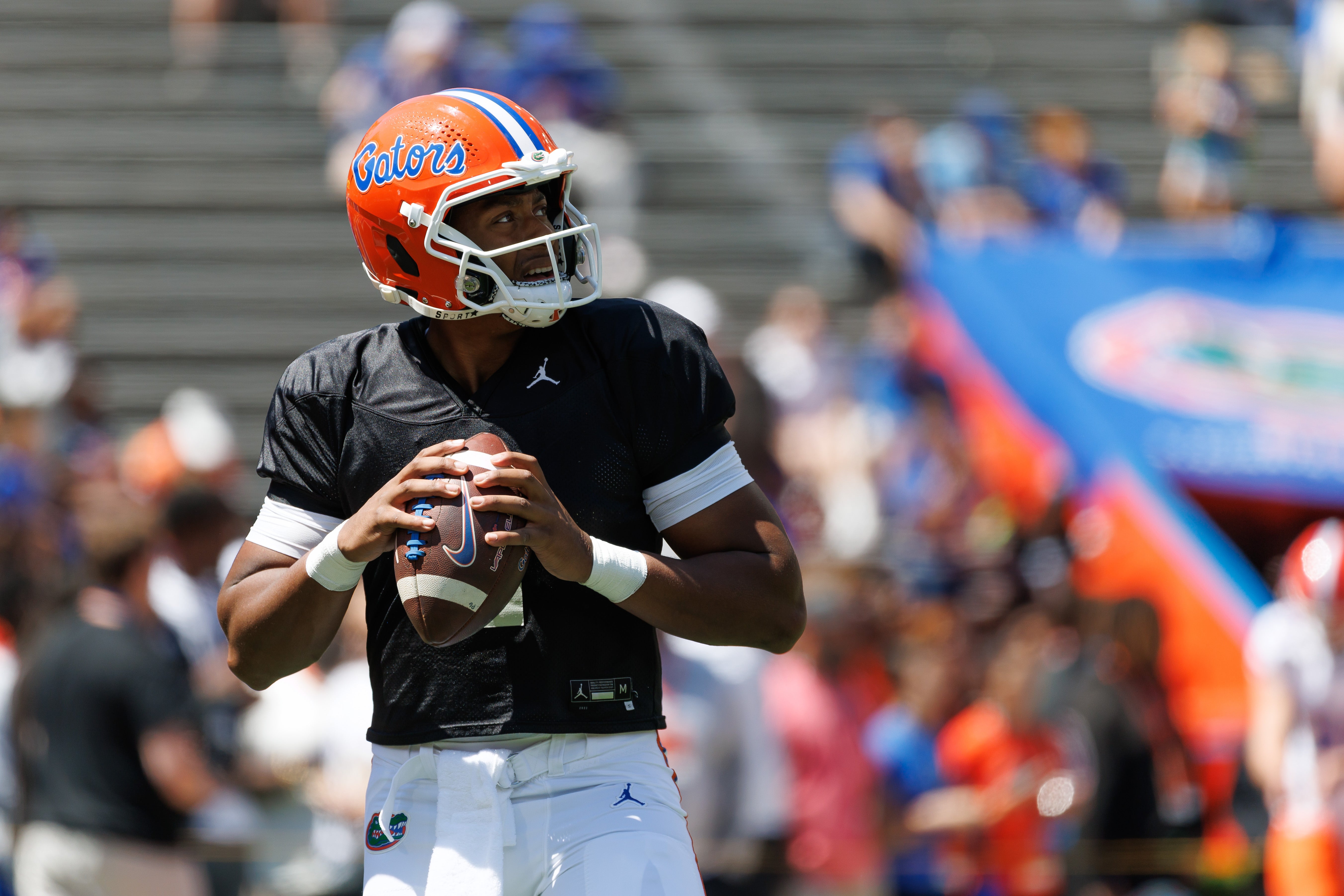 Apr 12, 2025; Gainesville, FL, USA; Florida Gators quarterback DJ Lagway (2) looks to throw before the game at Ben Hill Griffin Stadium.