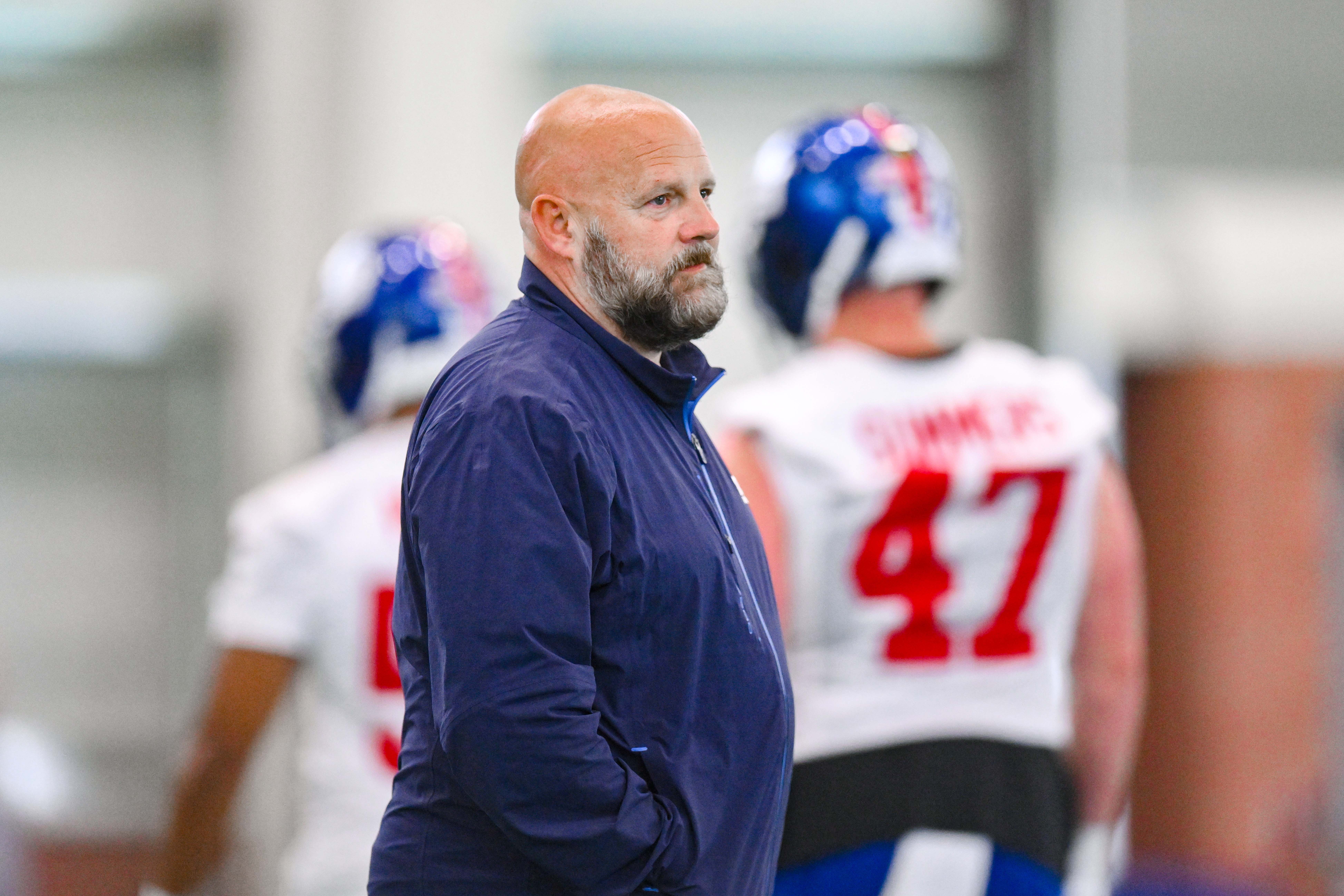 New York Giants head coach Brian Daboll looks on during minicamp at Quest Diagnostics Training Center.