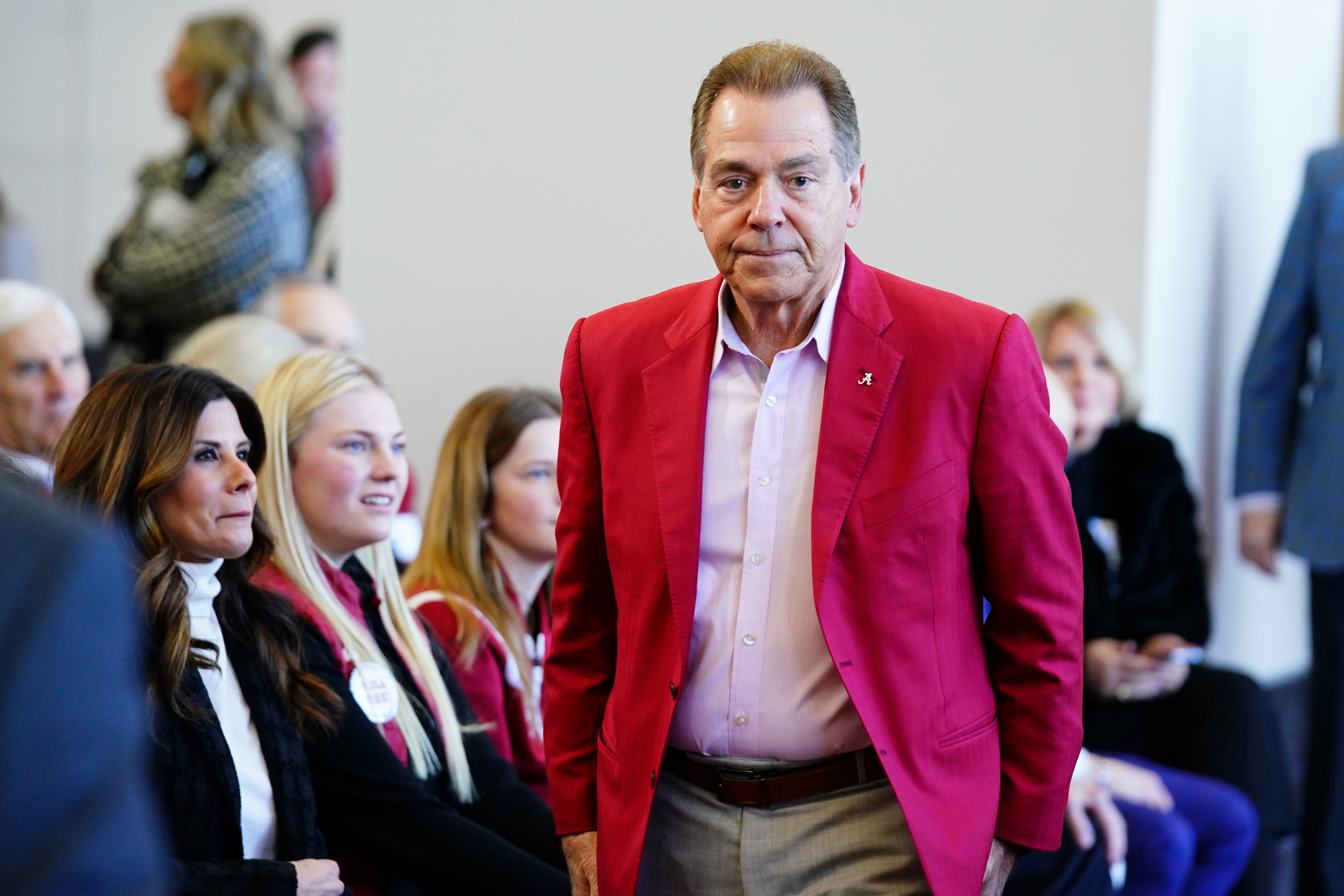 Jan 13, 2024; Tuscaloosa, AL, USA; University of Alabama former head coach Nick Saban attends a press conference to introduce the new head football coach Kalen DeBoer (not pictured) in the North end zone at Bryant-Denny Stadium.
