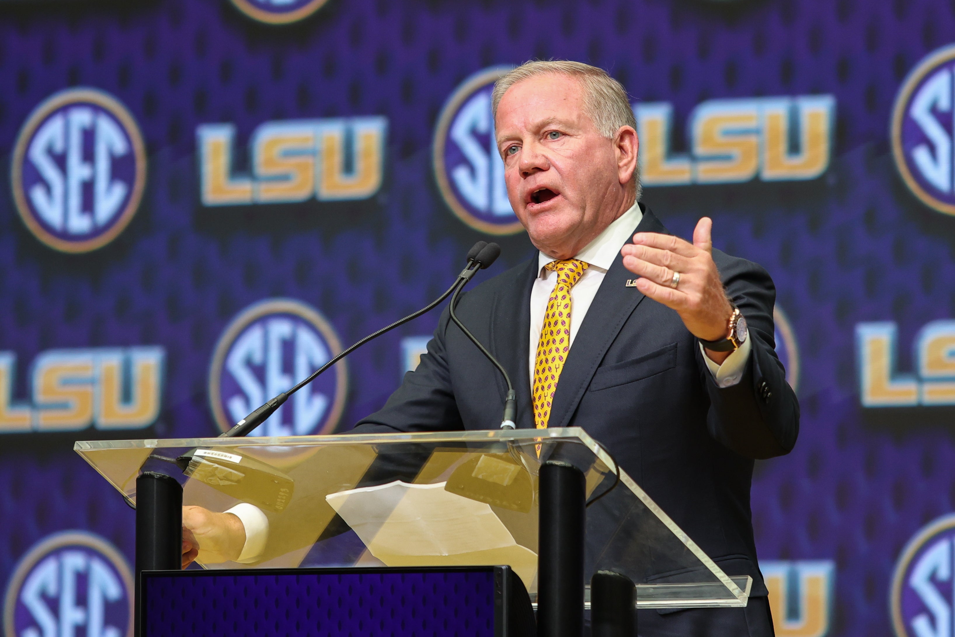 Jul 16, 2025; Atlanta, GA, USA; LSU Tigers head coach Brian Kelly talks to the media during SEC Media Day at Omni Atlanta Hotel.