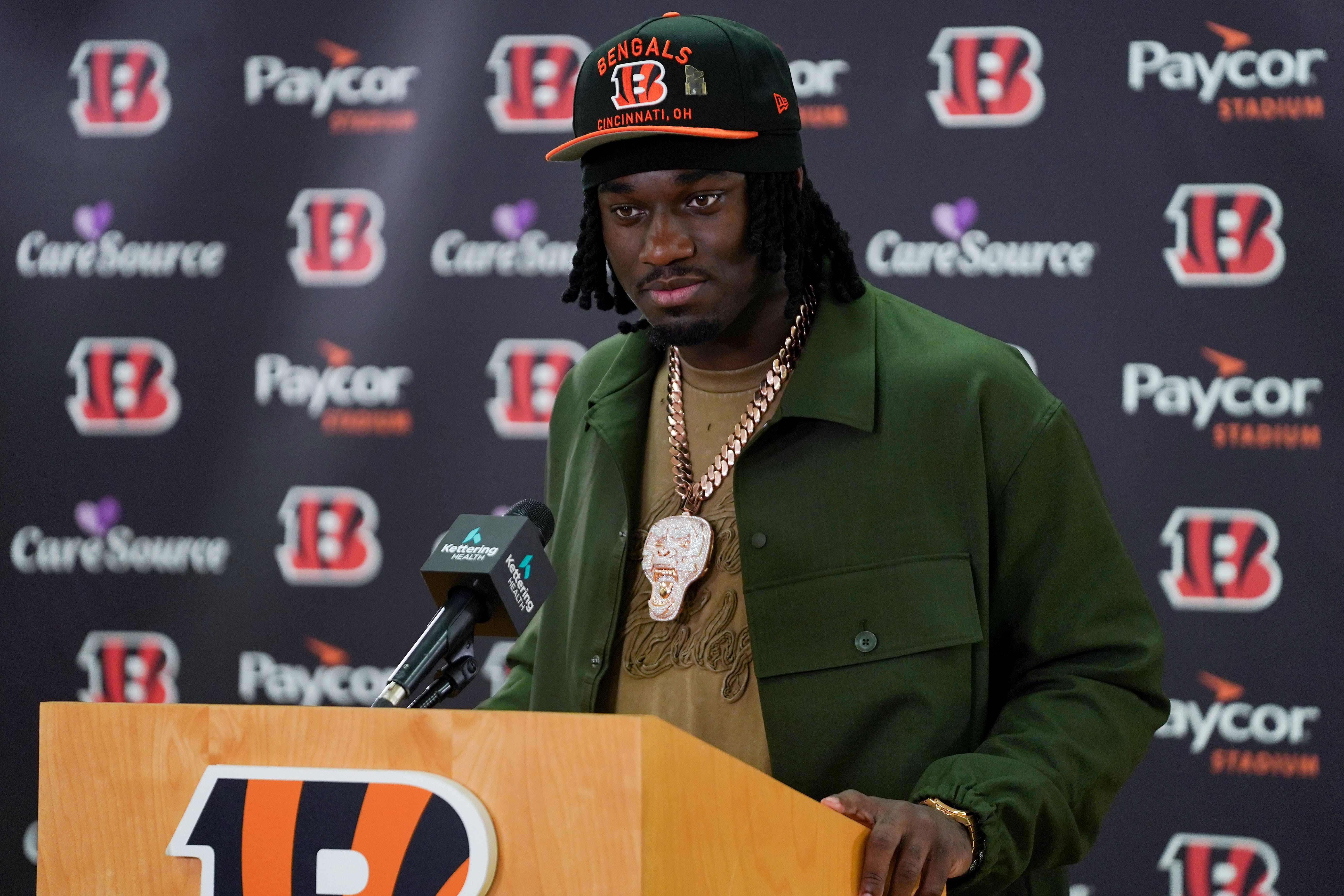 Cincinnati Bengals first-round draft pick Shemar Stewart listens to questions from reporters during a press conference, Friday, April 25, 2025, at Paycor Stadium in Downtown Cincinnati.