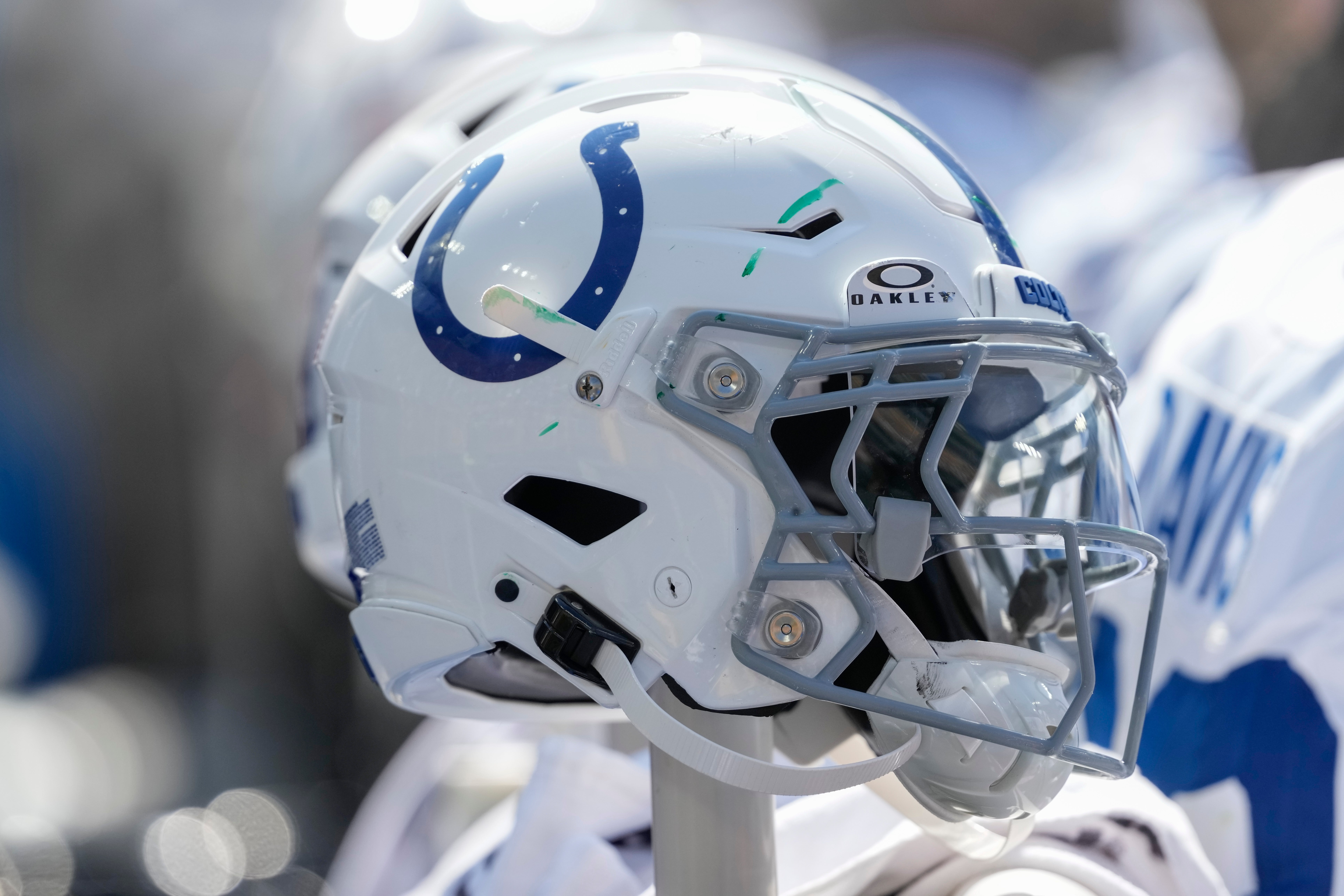 Sep 15, 2024; Green Bay, Wisconsin, USA; General view of Indianapolis Colts helmets during the game against the Green Bay Packers at Lambeau Field.