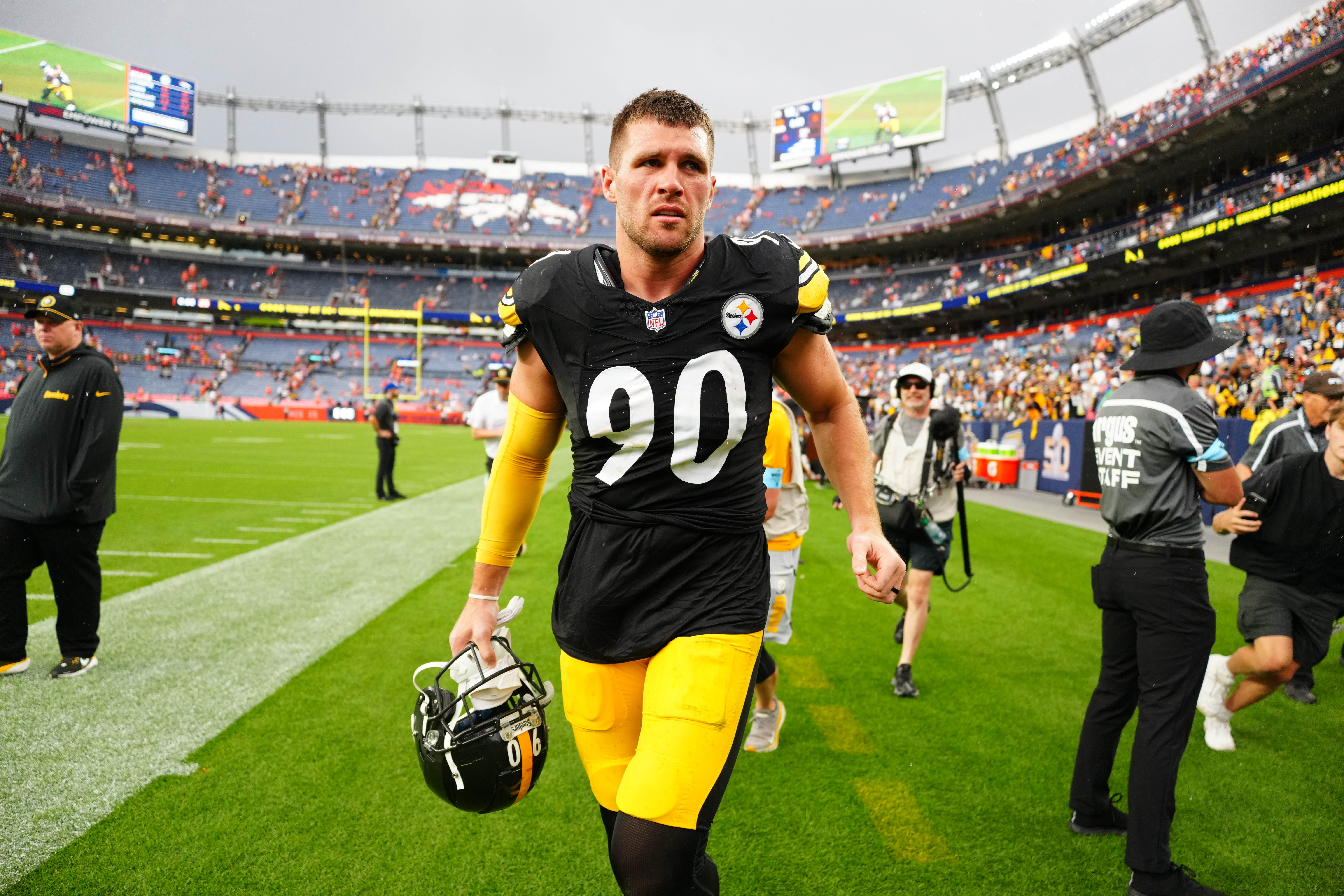 Sep 15, 2024; Denver, Colorado, USA; Pittsburgh Steelers linebacker T.J. Watt (90) following the win over the Denver Broncos at Empower Field at Mile High.