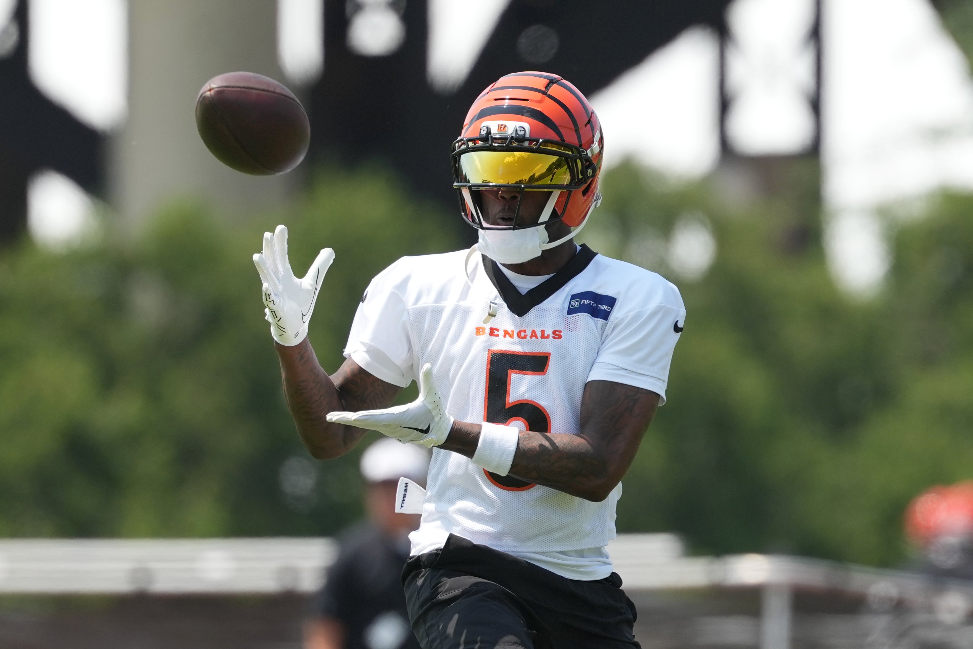Jun 10, 2025; Cincinnati, OH, USA; Cincinnati Bengals wide receiver Tee Higgins (5) completes a catch during practice at Paycor Stadium.