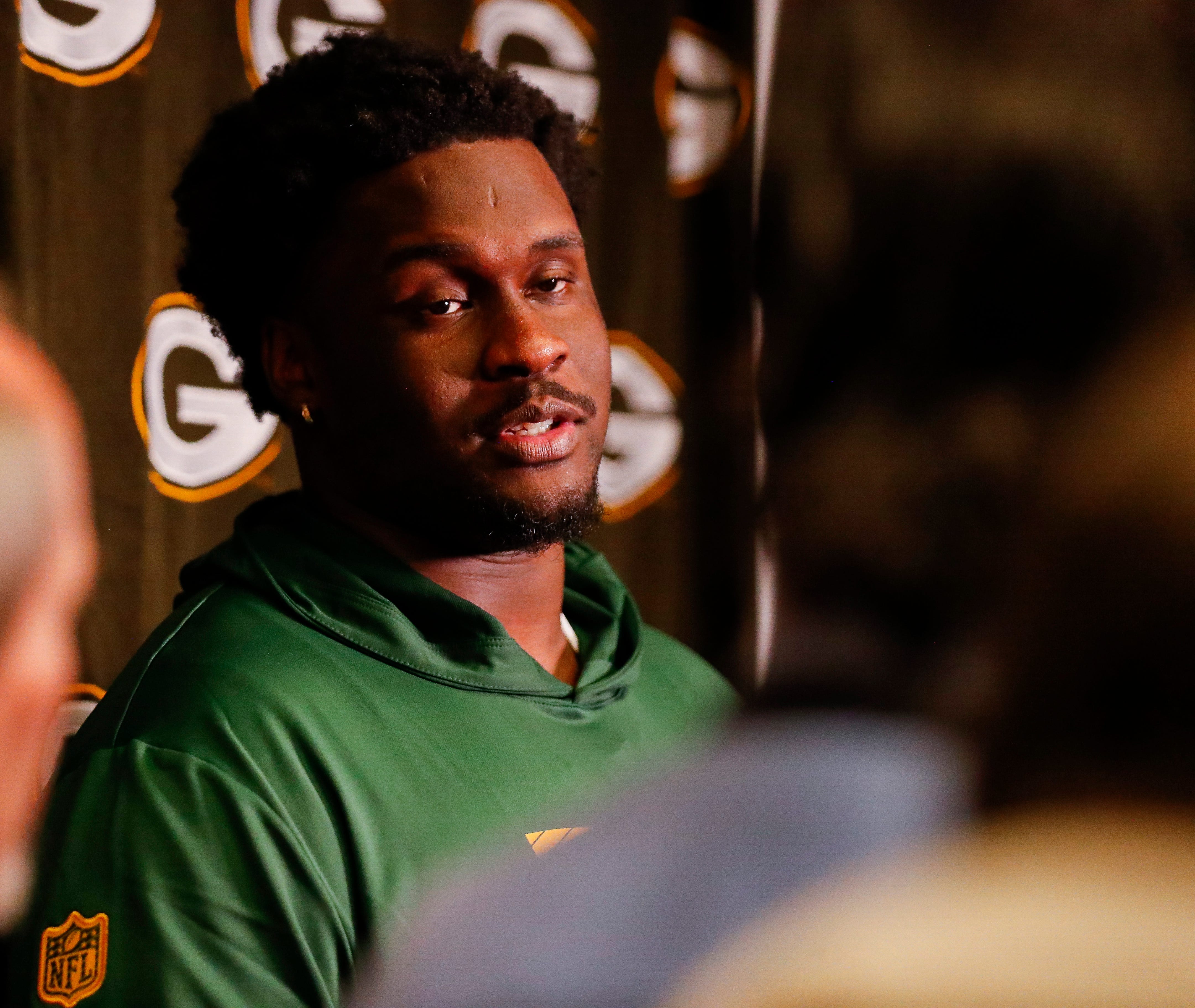 Green Bay Packers rookie offensive tackle Anthony Belton is interviewed by the media during rookie minicamp on Friday, May 2, 2025, at Lambeau Field in Green Bay, Wisconsin. The Packers selected Belton with their second round pick in the 2025 NFL Draft.