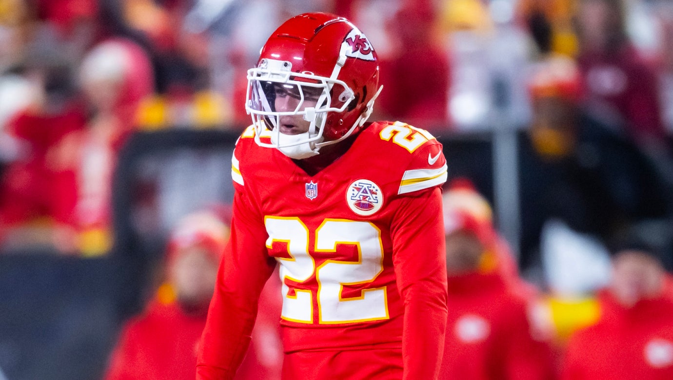 Jan 26, 2025; Kansas City, MO, USA; Kansas City Chiefs cornerback Trent McDuffie (22) against the Buffalo Bills in the AFC Championship game at GEHA Field at Arrowhead Stadium.