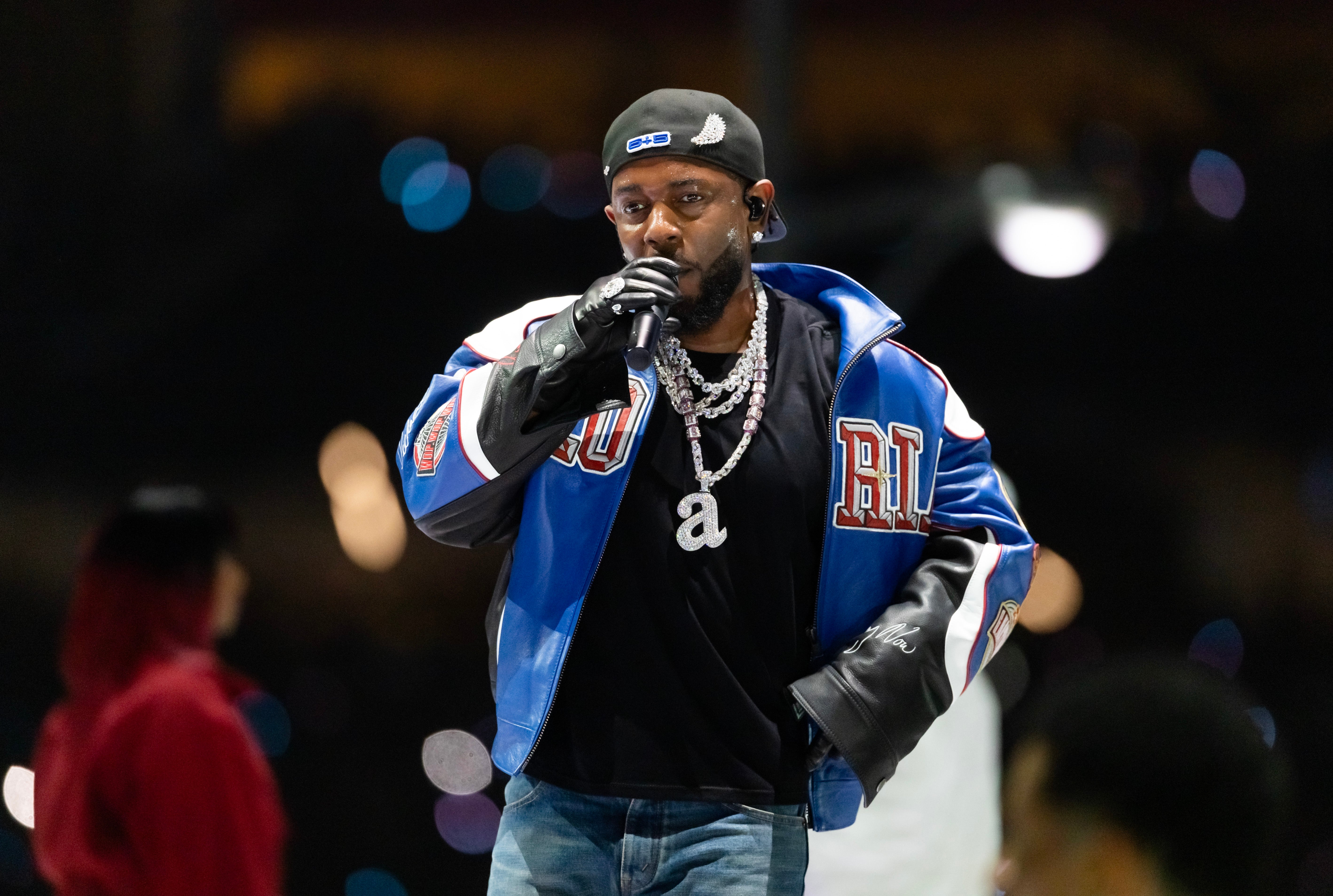 Feb 9, 2025; New Orleans, LA, USA; Recording artist Kendrick Lamar performs during the halftime show of Super Bowl LIX between the Philadelphia Eagles and the Kansas City Chiefs at Ceasars Superdome.