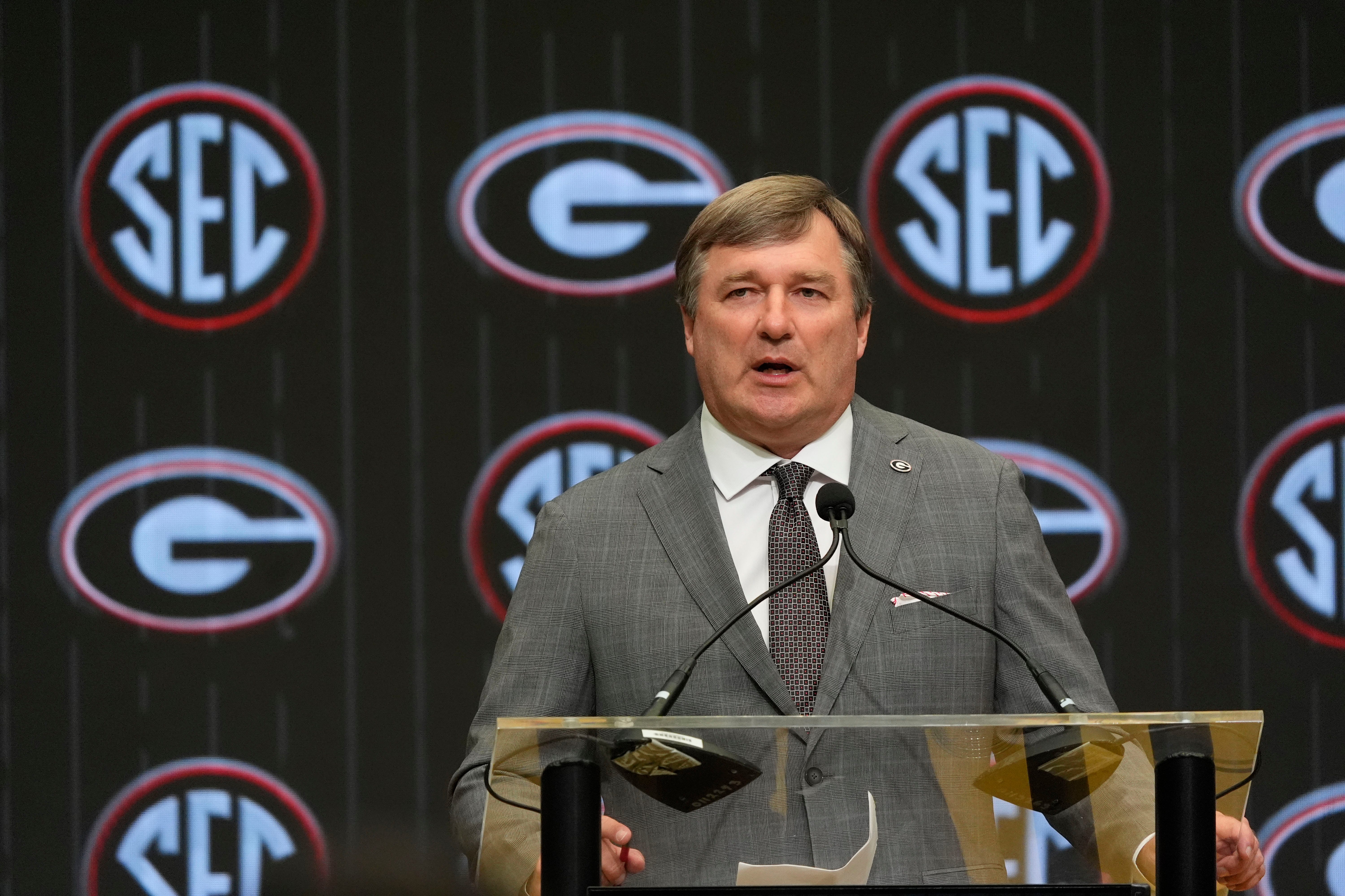 Georgia head coach Kirby Smart speaks in the Main Media Room during SEC Media Days at the College Football Hall of Fame in Atlanta.