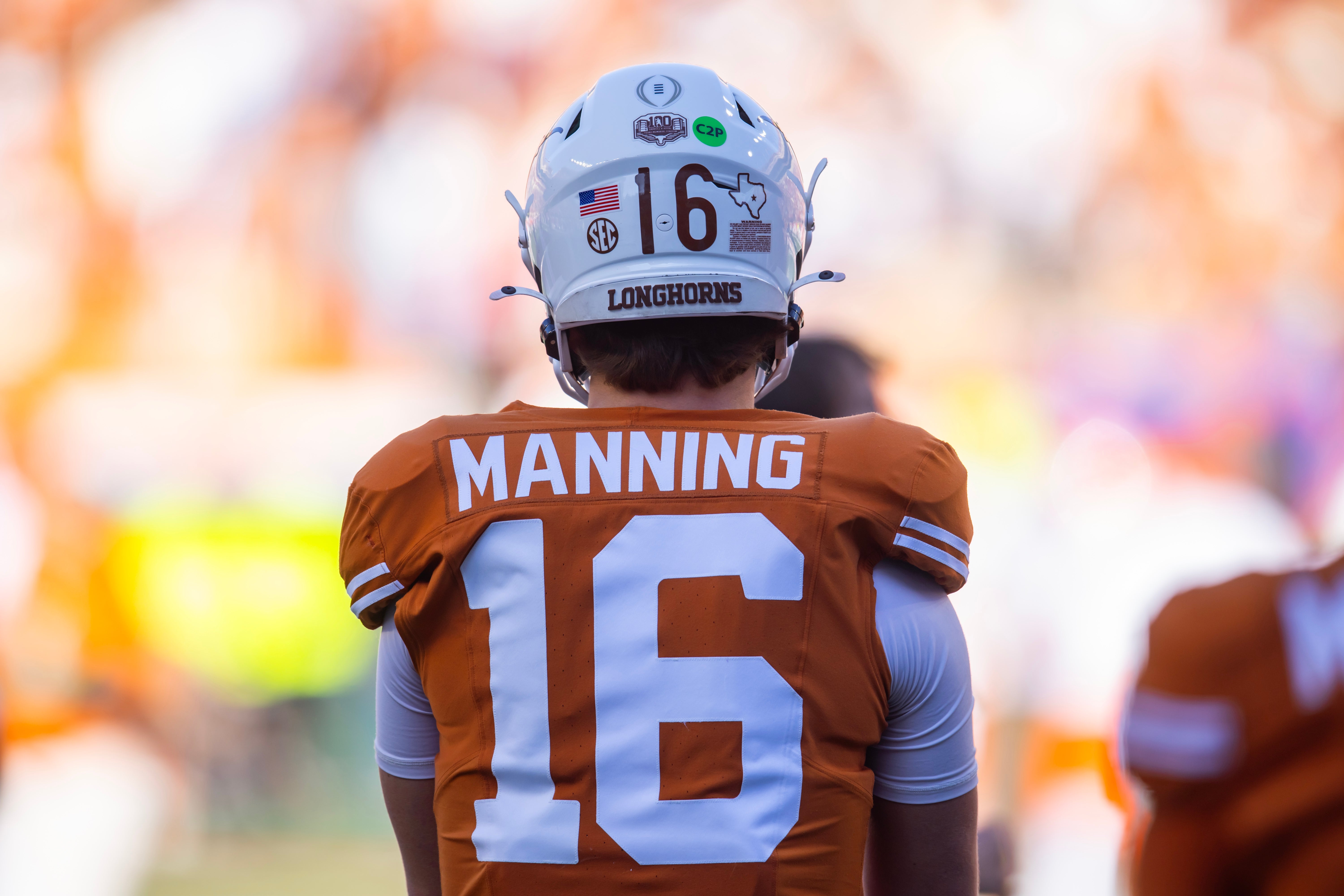Dec 21, 2024; Austin, Texas, USA; Detailed view of the jersey of Texas Longhorns quarterback Arch Manning (16) against the Clemson Tigers during the CFP National playoff first round at Darrell K Royal-Texas Memorial Stadium.