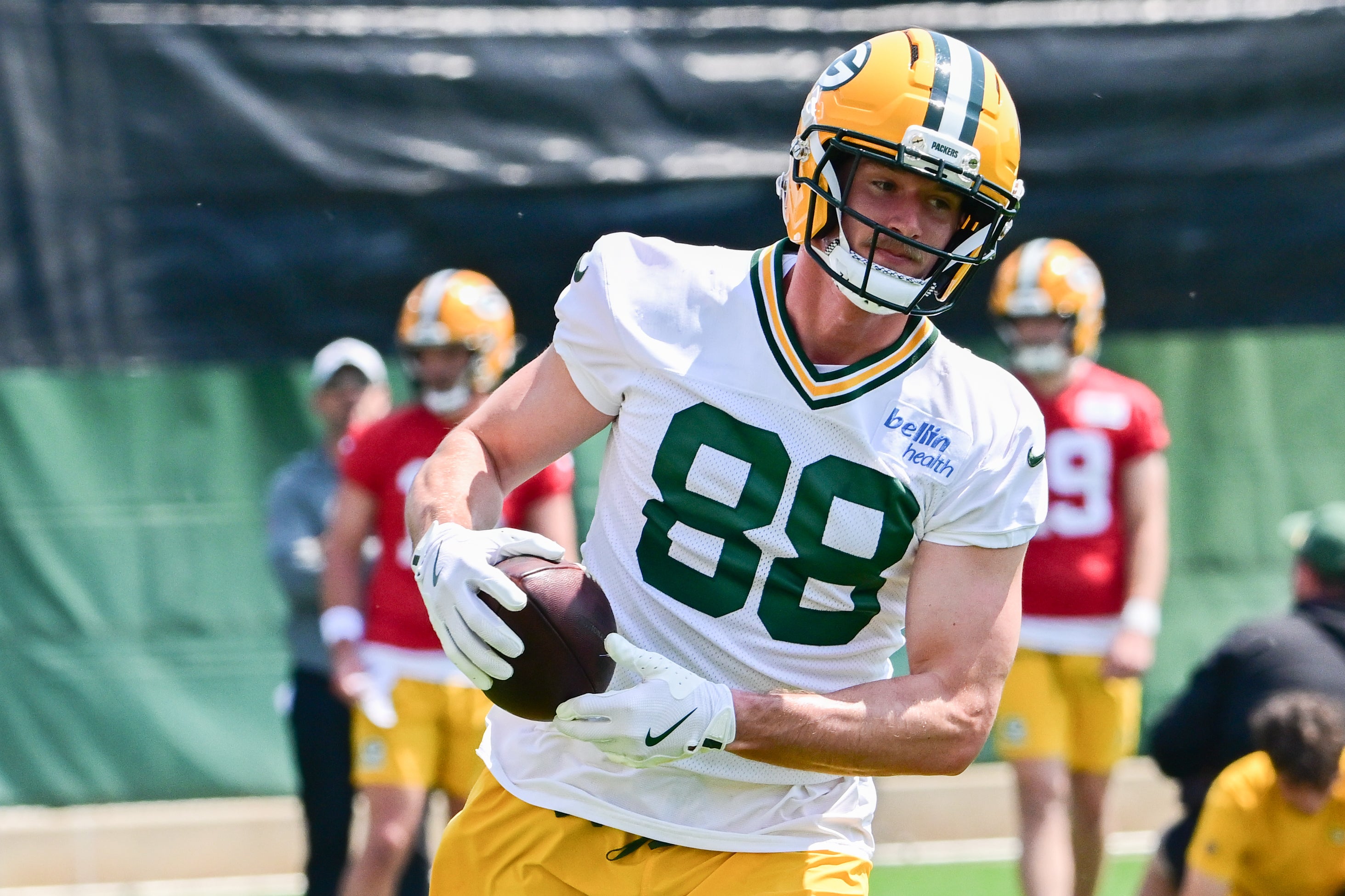 Green Bay Packers tight end Luke Musgrave (88) participates in the team's minicamp at Ray Nitschke Field.