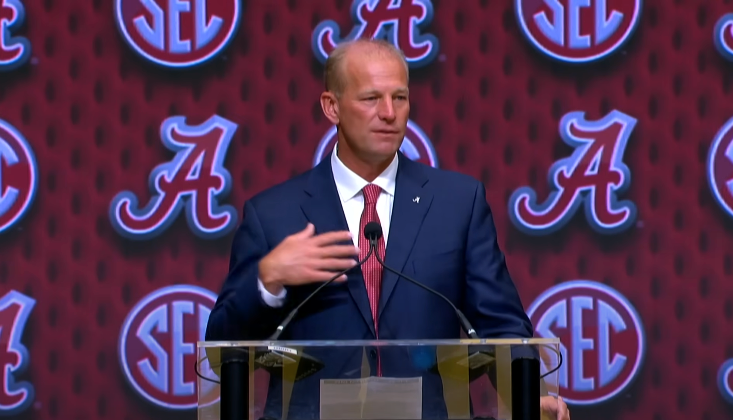 Kalen DeBoer speaks at 2025 SEC Media Days, 7/16/25.