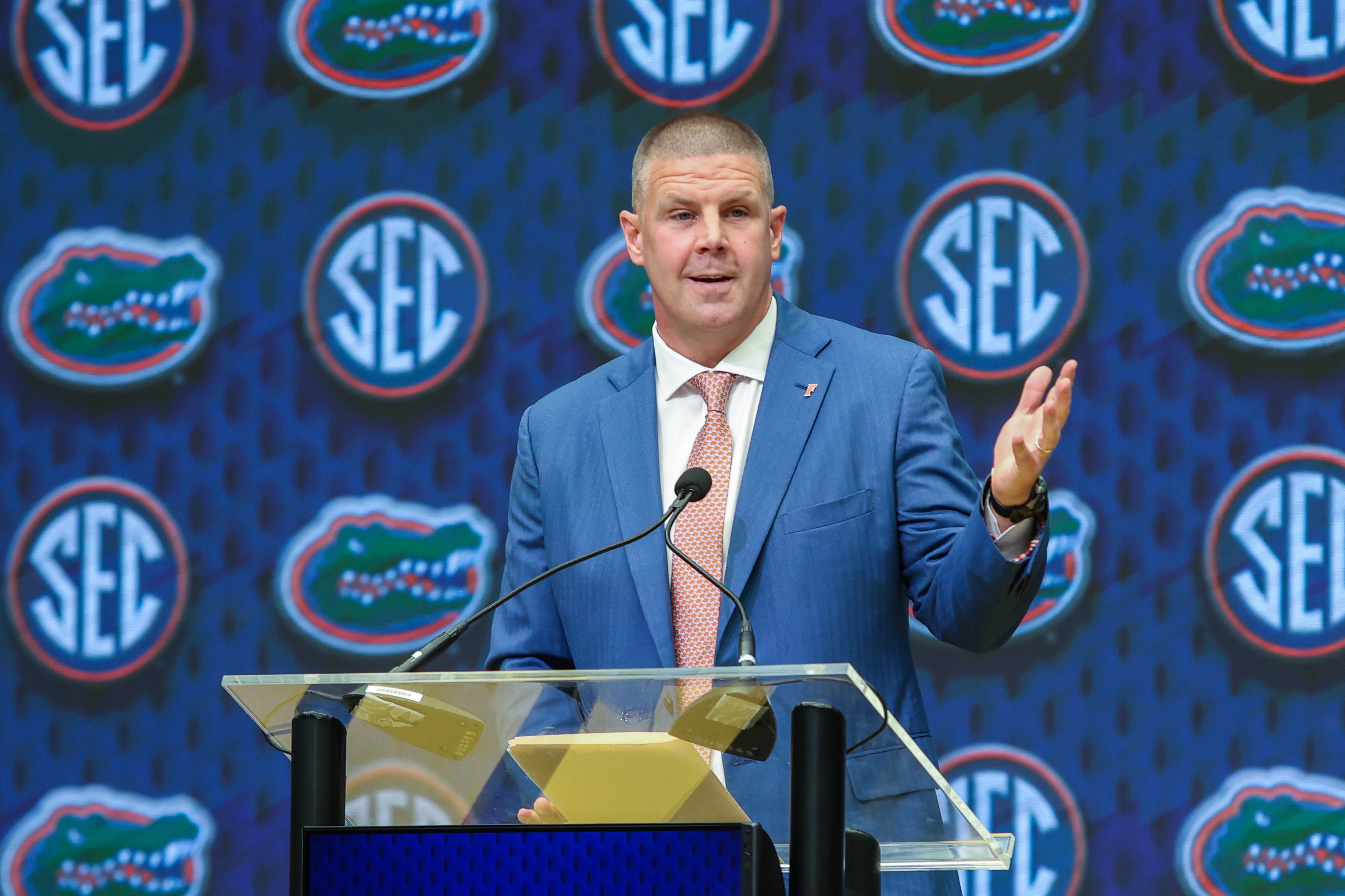Jul 16, 2025; Atlanta, GA, USA; Florida State Gators head coach Billy Napier talks to the media during the SEC Media Days at Omni Atlanta Hotel.