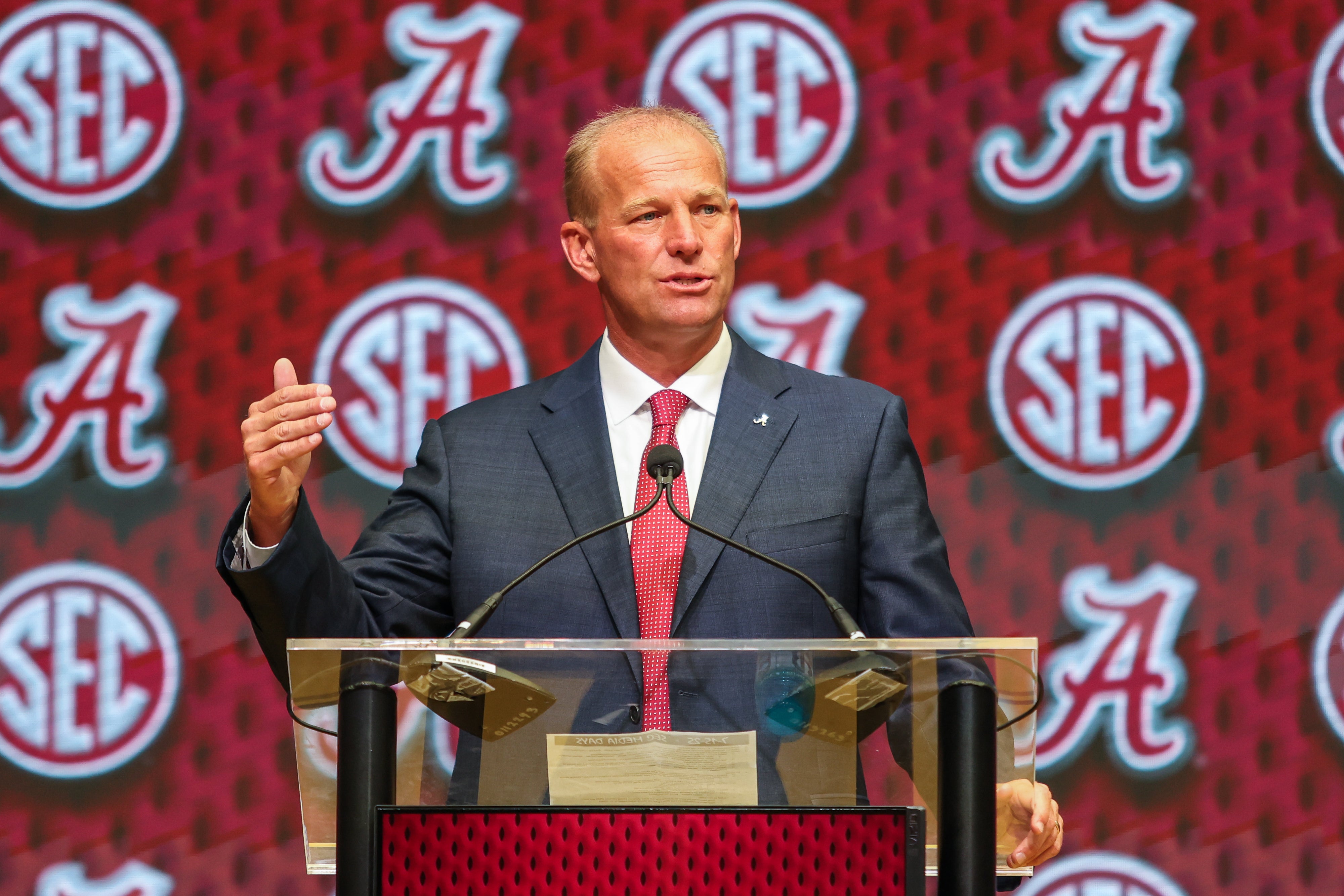 Jul 16, 2025; Atlanta, GA, USA; University of Alabama head coach Kalen Deboer talks to the media during the SEC Media Days at Omni Atlanta Hotel.