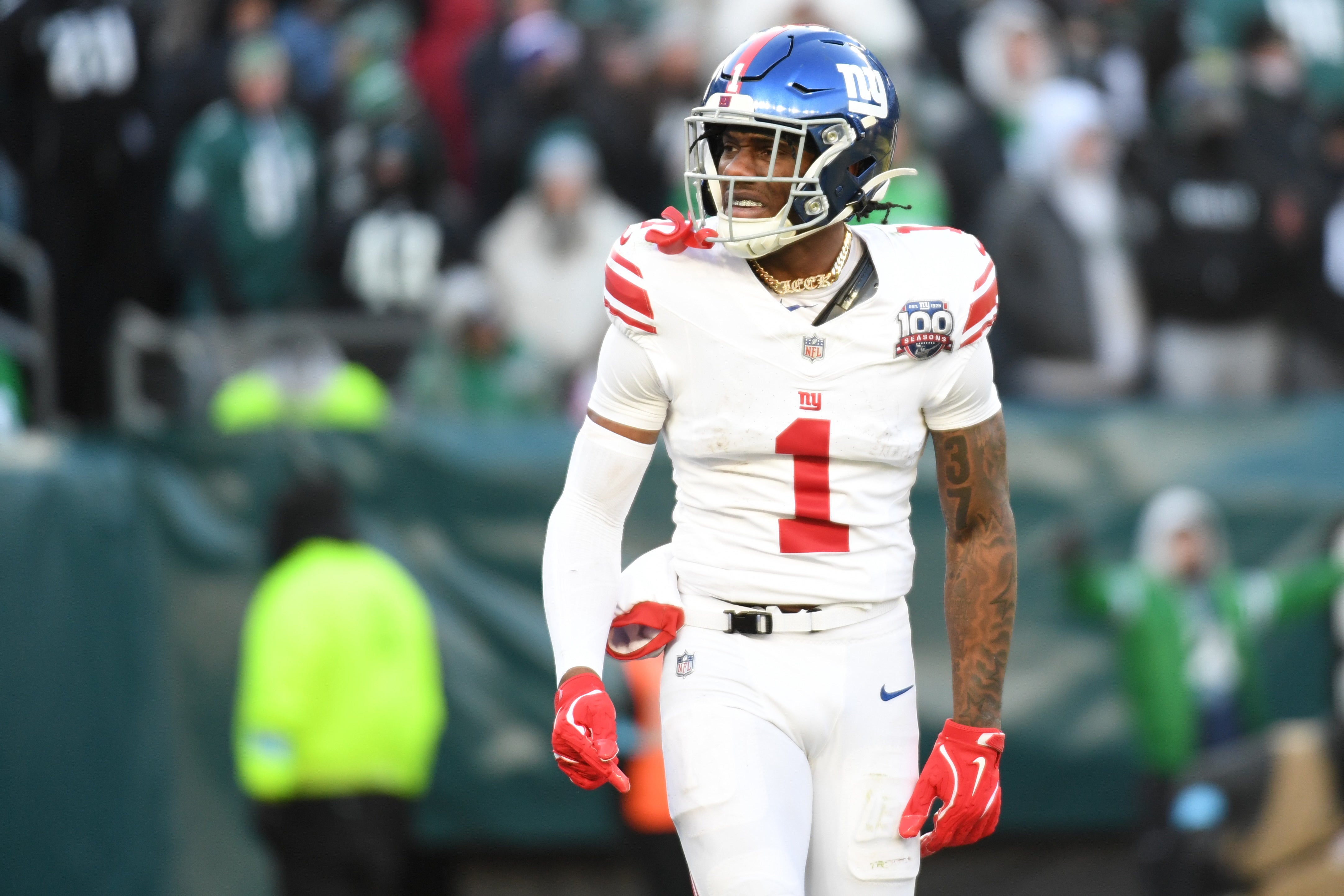 Jan 5, 2025; Philadelphia, Pennsylvania, USA; New York Giants wide receiver Malik Nabers (1) celebrates his 45-yard touchdown catch against the Philadelphia Eagles during the fourth quarter at Lincoln Financial Field.