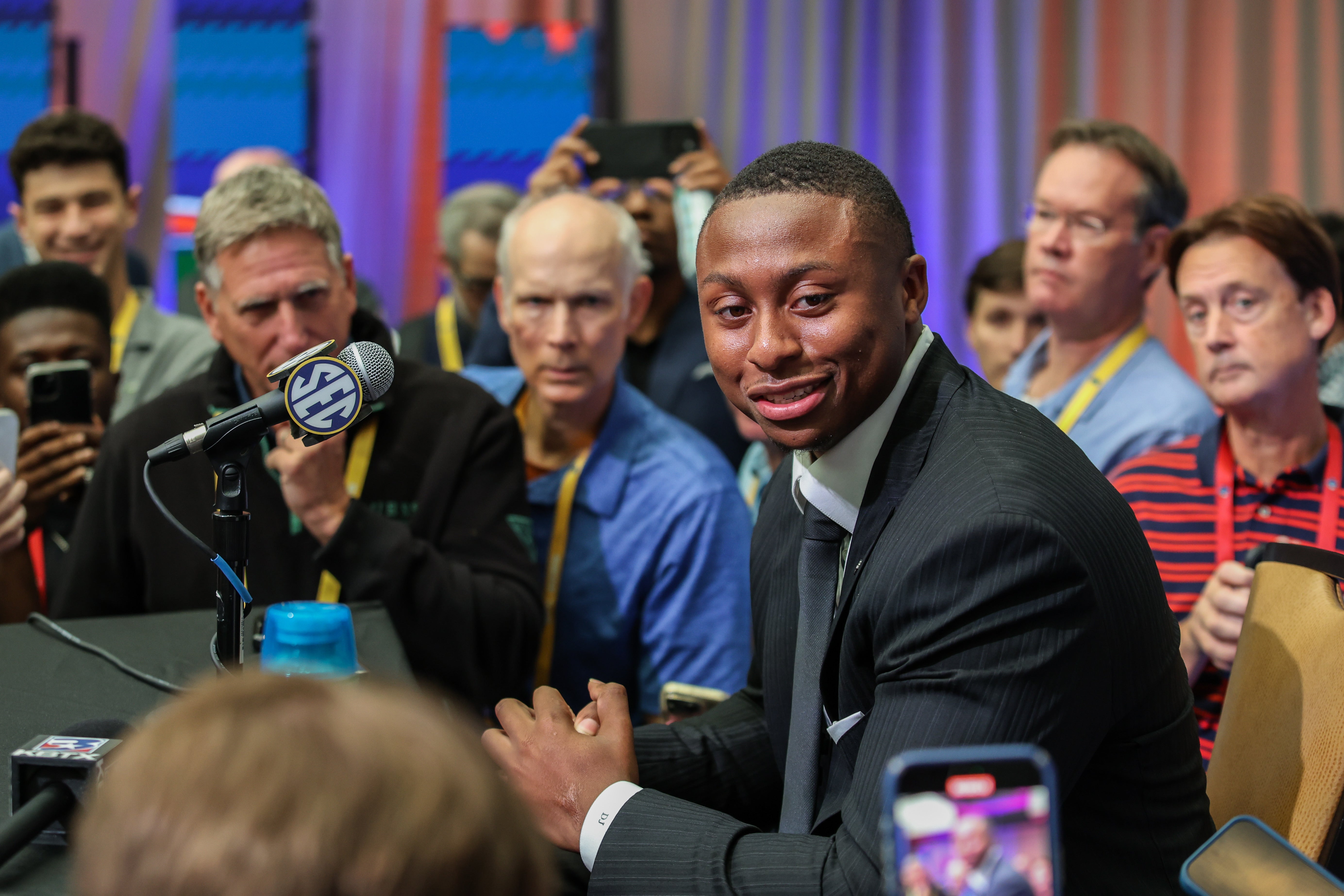 Jul 16, 2025; Atlanta, GA, USA; Florida State Gators quarterback DJ Lagway answers questions from the media during the SEC Media Days at Omni Atlanta Hotel.
