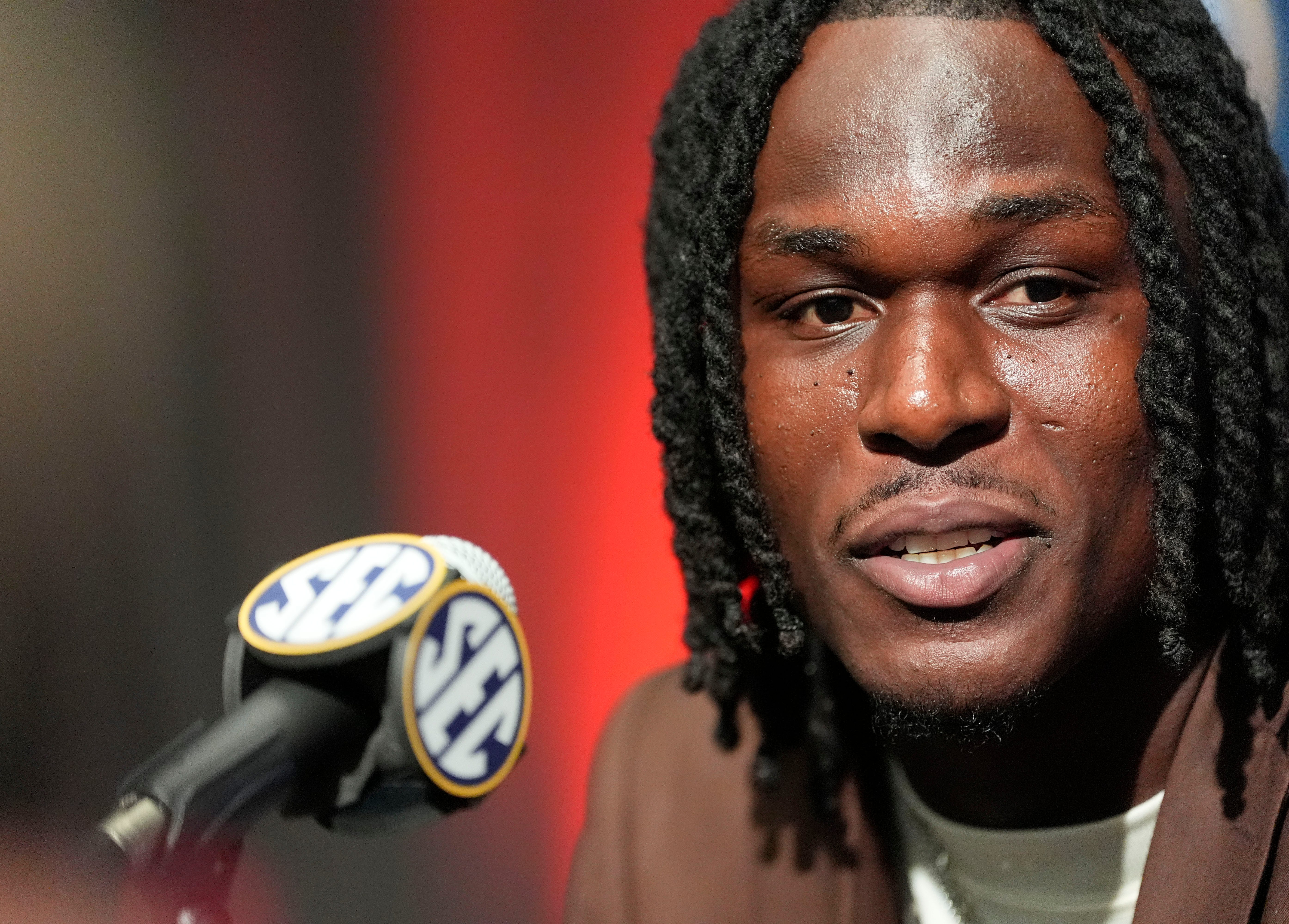 July 16, 2025; Atlanta, GA, USA; Alabama linebacker Deontae Lawson speaks to the media during SEC Media Days at the College Football Hall of Fame in Atlanta.