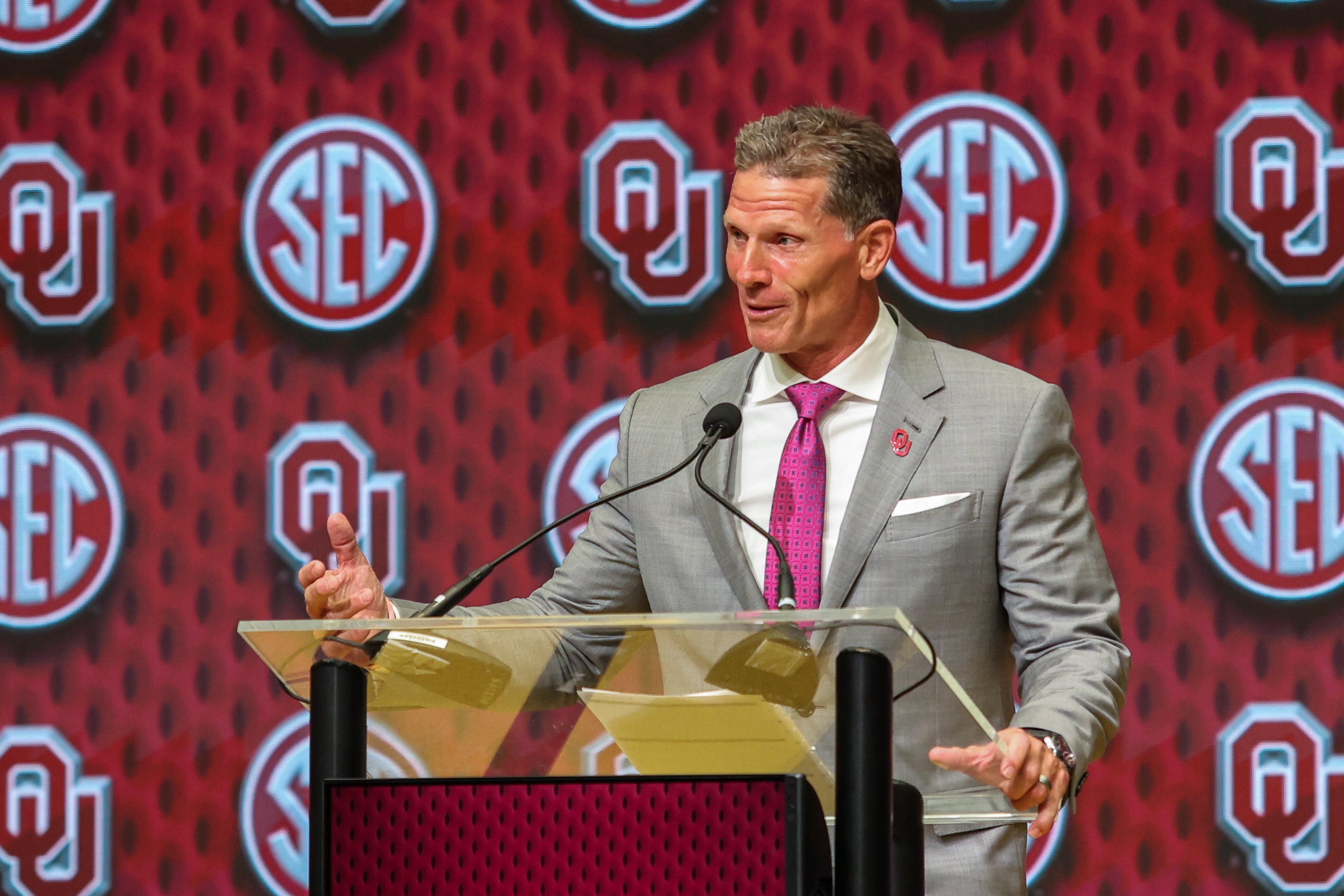 Jul 16, 2025; Atlanta, GA, USA; Oklahoma Sooners head coach Brent Venables talks to the media during the SEC Media Days at Omni Atlanta Hotel.