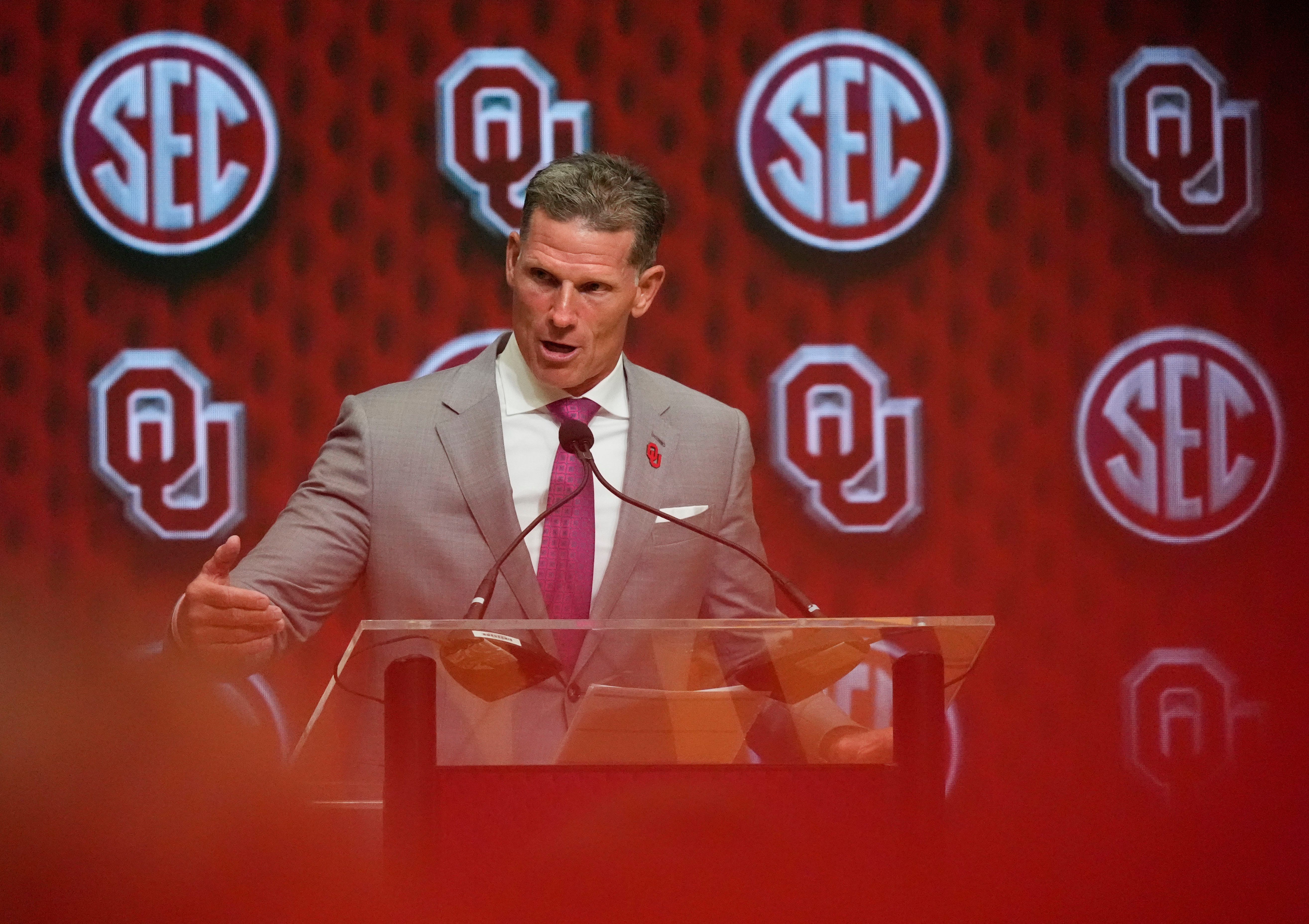 July 16, 2025; Atlanta, GA, USA; Oklahoma head coach Brent Venables speaks during SEC Media Days at the College Football Hall of Fame in Atlanta.