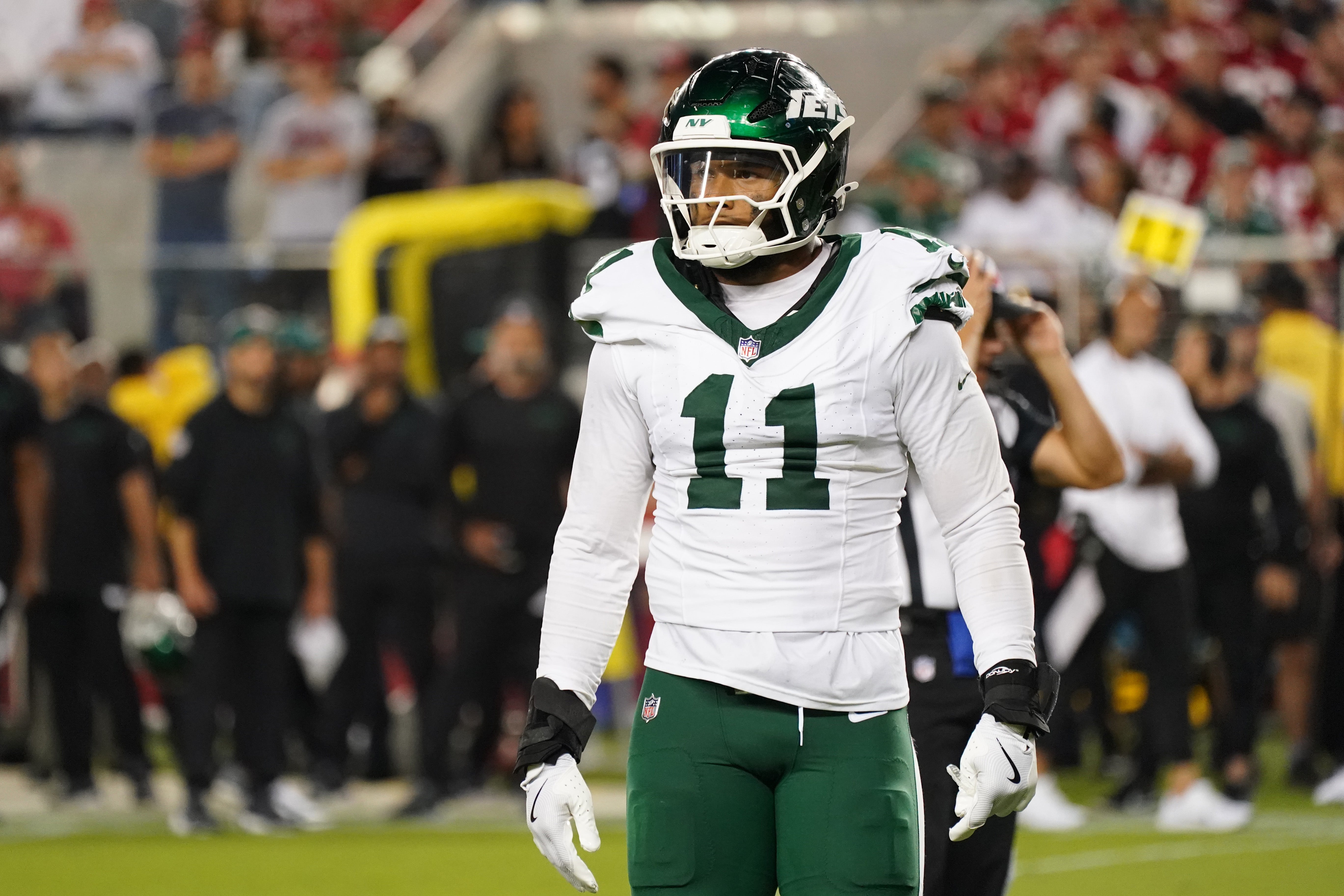 New York Jets linebacker Jermaine Johnson (11) waits for play to resume during the fourth quarter against the San Francisco 49ers at Levi's Stadium.