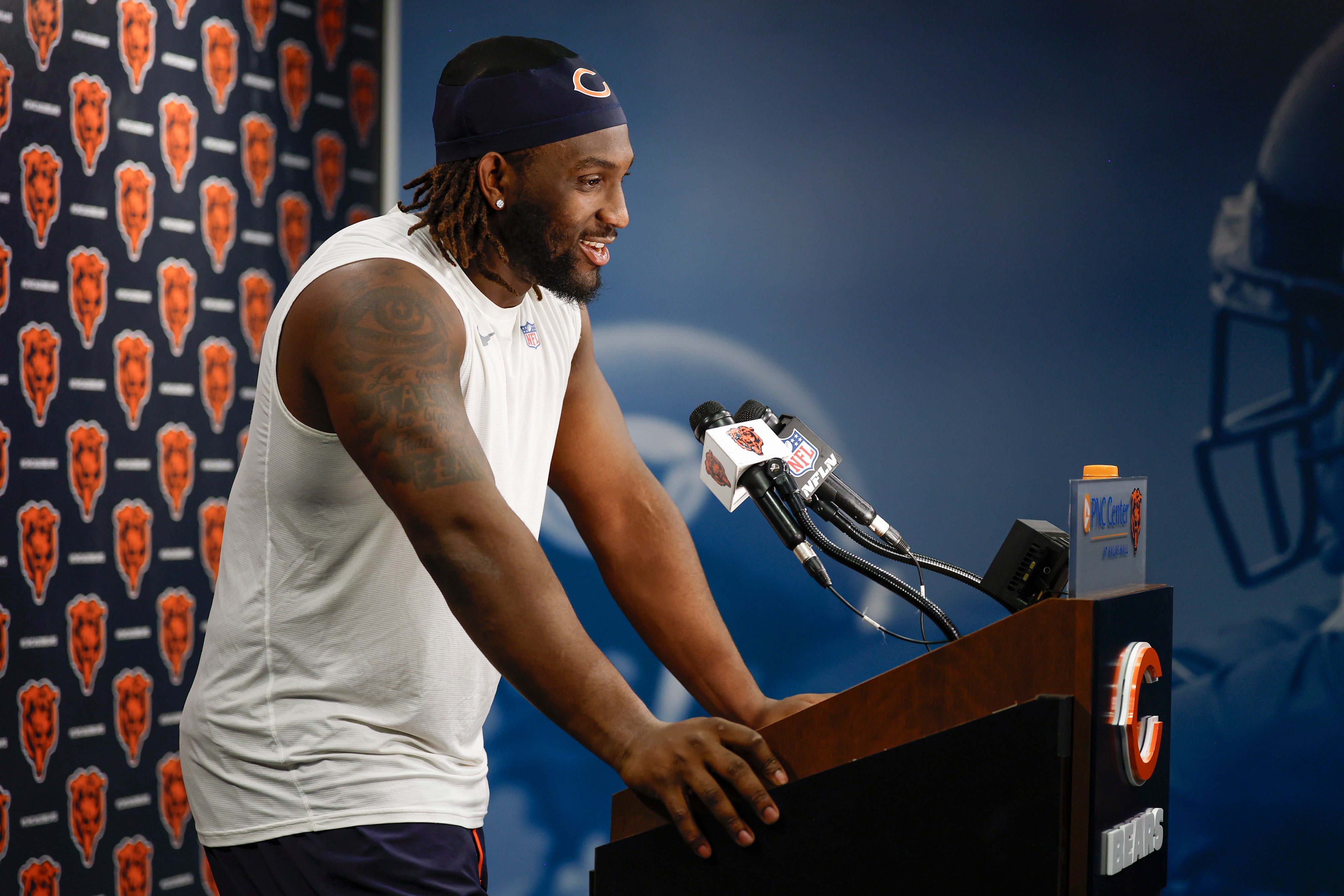 May 9, 2025; Lake Forest, IL, USA; Chicago Bears defensive line Shemar Turner speaks during the Rookie Minicamp at Halas Hall.