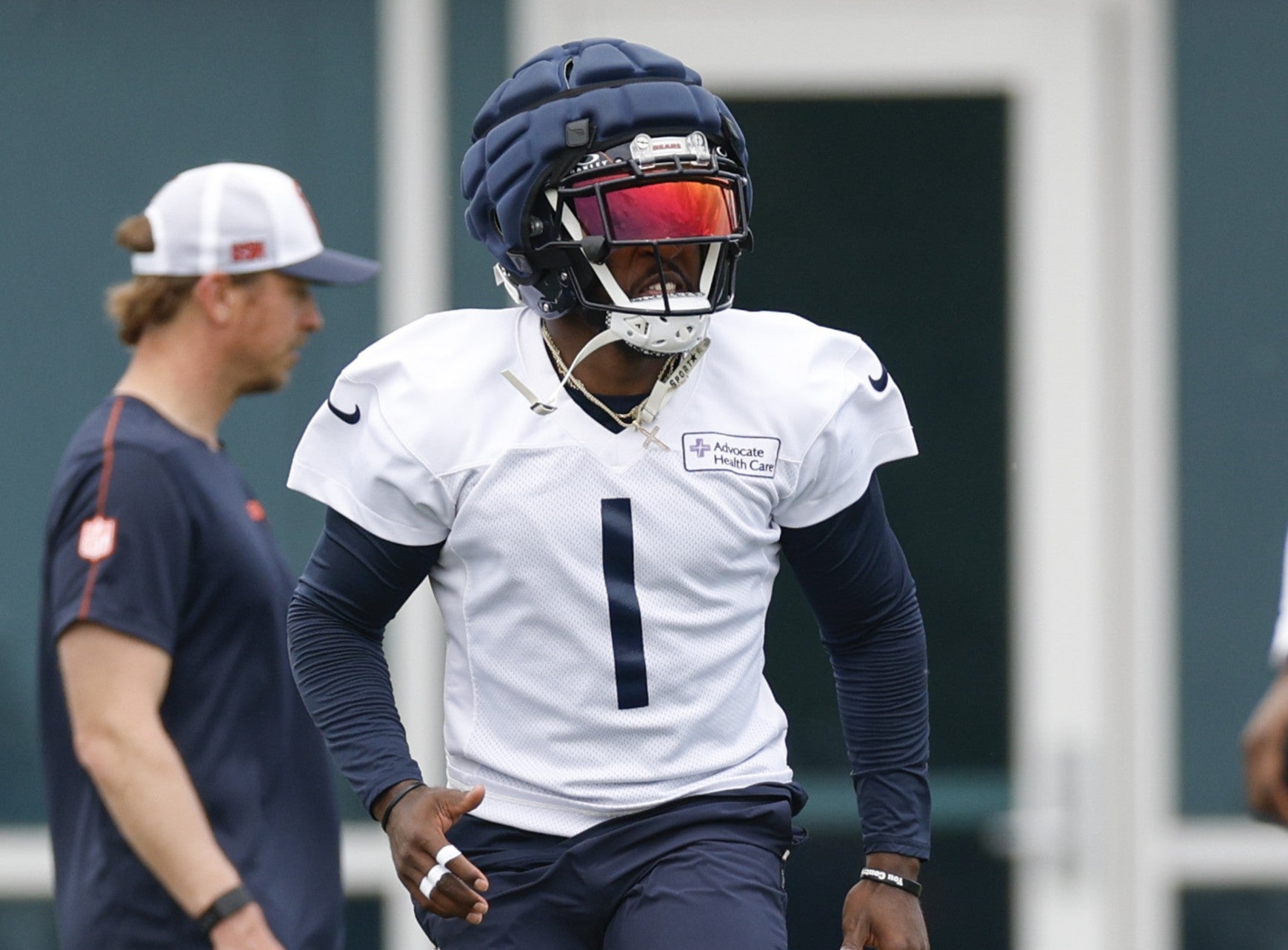 Jun 3, 2025; Lake Forest, IL, USA; Chicago Bears cornerback Jaylon Johnson (1) warms up during minicamp at Halas Hall.