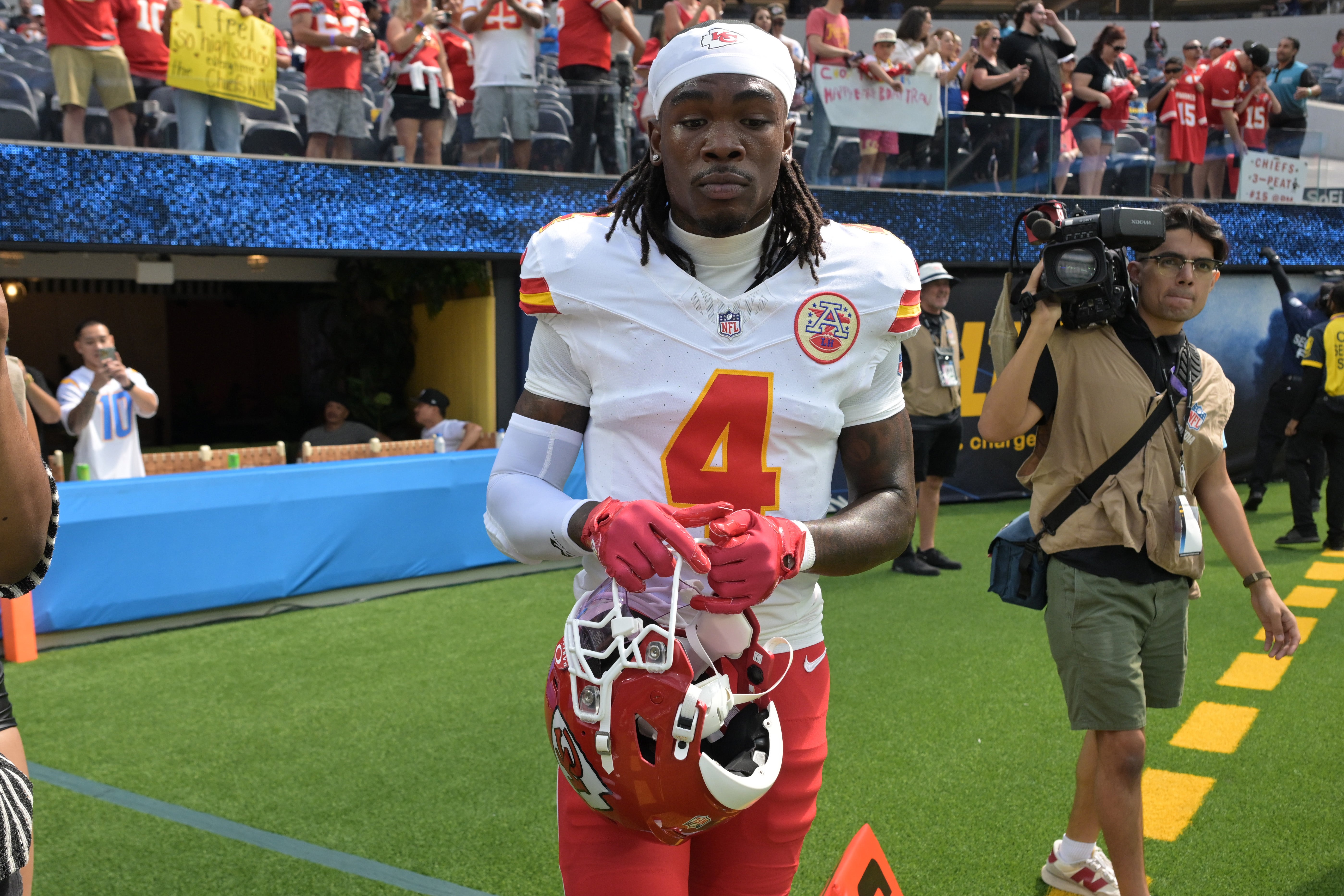 Sep 29, 2024; Inglewood, California, USA; Kansas City Chiefs wide receiver Rashee Rice (4) leaves the field following the game against the Los Angeles Chargers at SoFi Stadium.