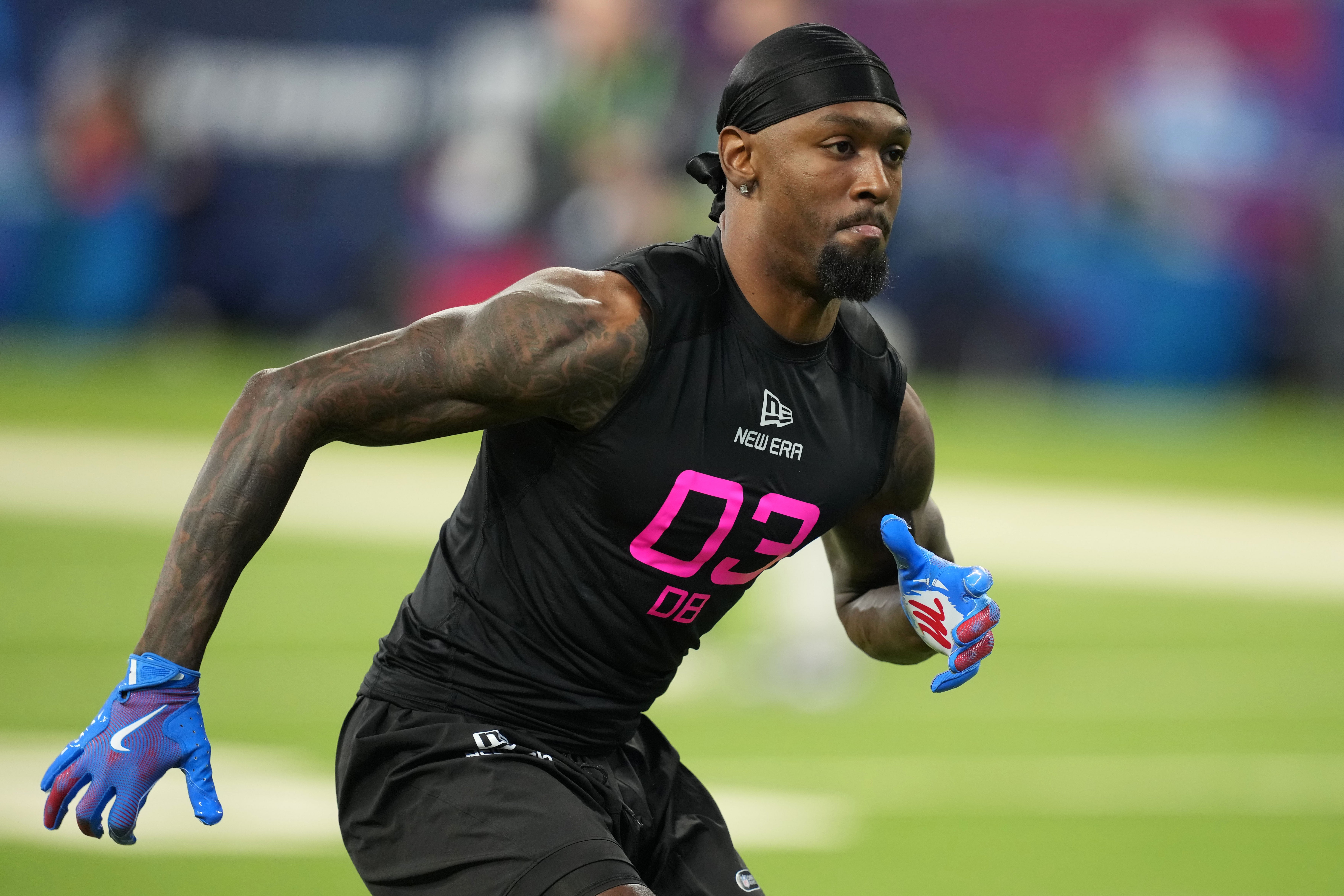 Feb 28, 2025; Indianapolis, IN, USA; Mississippi defensive back Trey Amos (DB03) participates in drills during the 2025 NFL Combine at Lucas Oil Stadium.