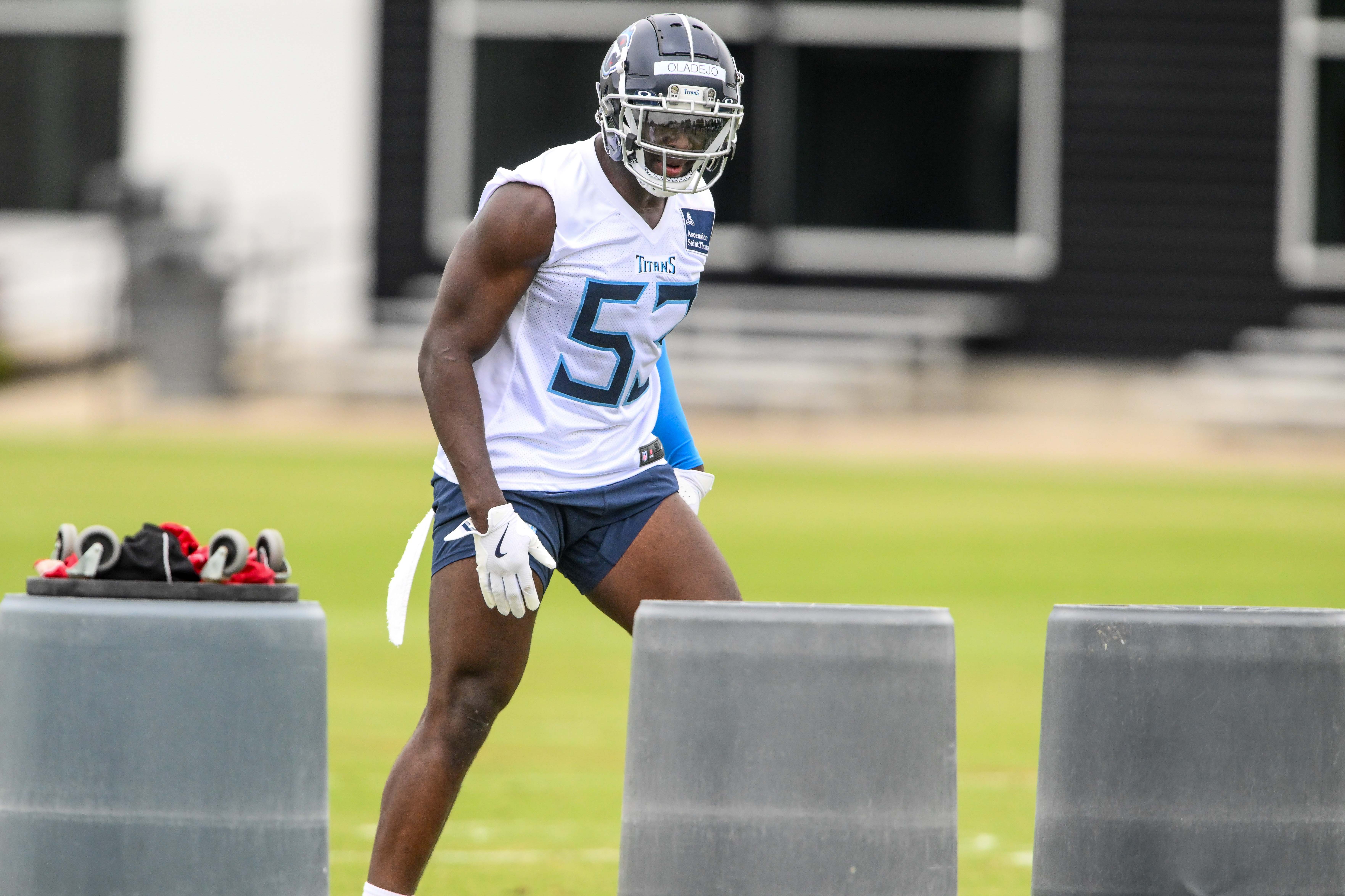 May 10, 2025; Nashville, TN, USA; Tennessee Titans outside linebacker Oluwafemi Oladejo (53) goes through drills during Rookie Mini Camp at Saint Thomas Sports Park. Mandatory Credit: Steve Roberts-Imagn Images