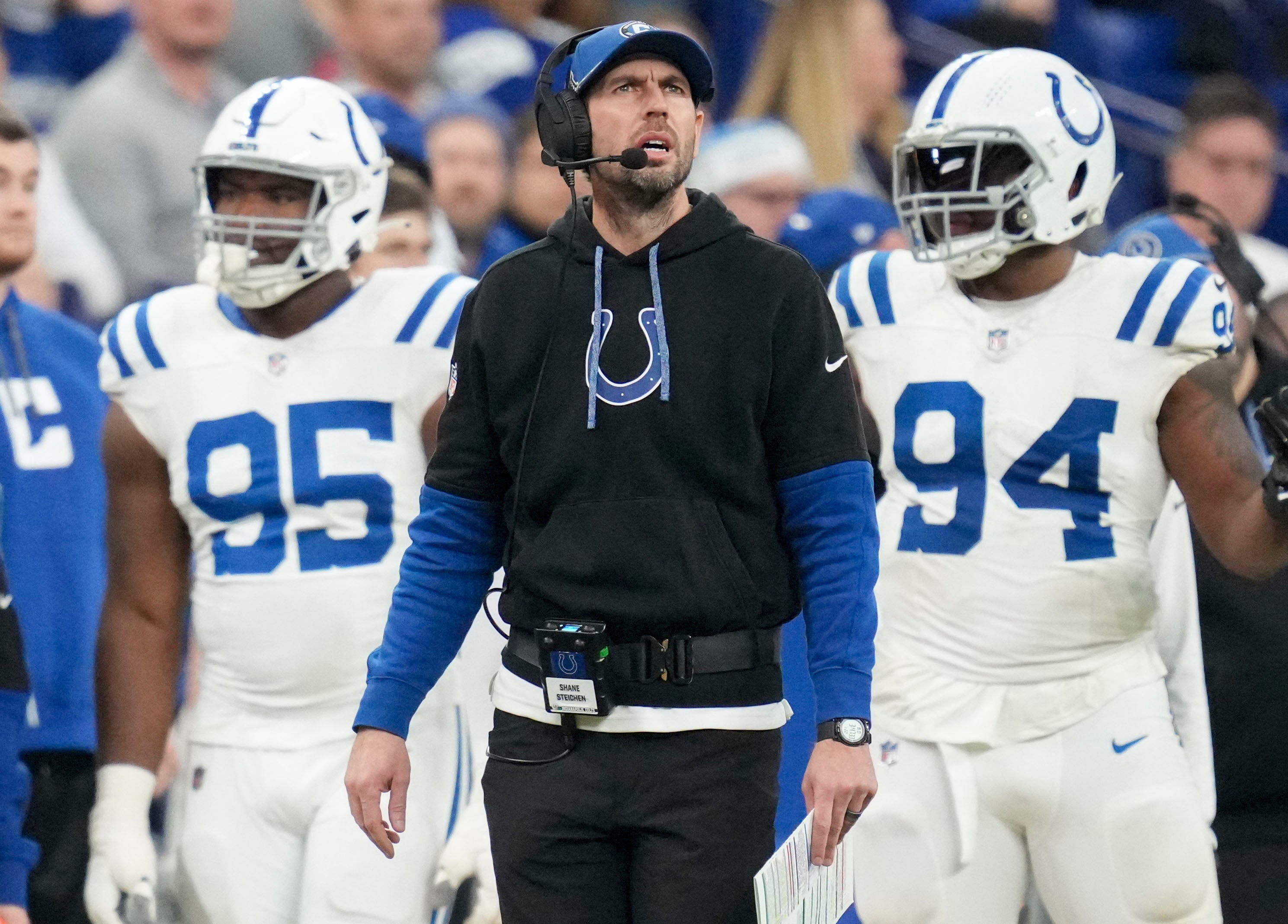 Dec 22, 2024; Indianapolis, Indiana, USA; Indianapolis Colts head coach Shane Steichen reacts to a penalty call during a game against the Tennessee Titans at Lucas Oil Stadium.